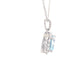 Cushion shaped Aquamarine and round brilliant cut diamond halo pendant Gardiner Brothers