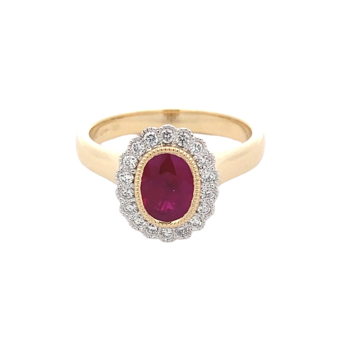 Oval ruby and round brilliant cut diamond vintage style cluster ring Gardiner Brothers