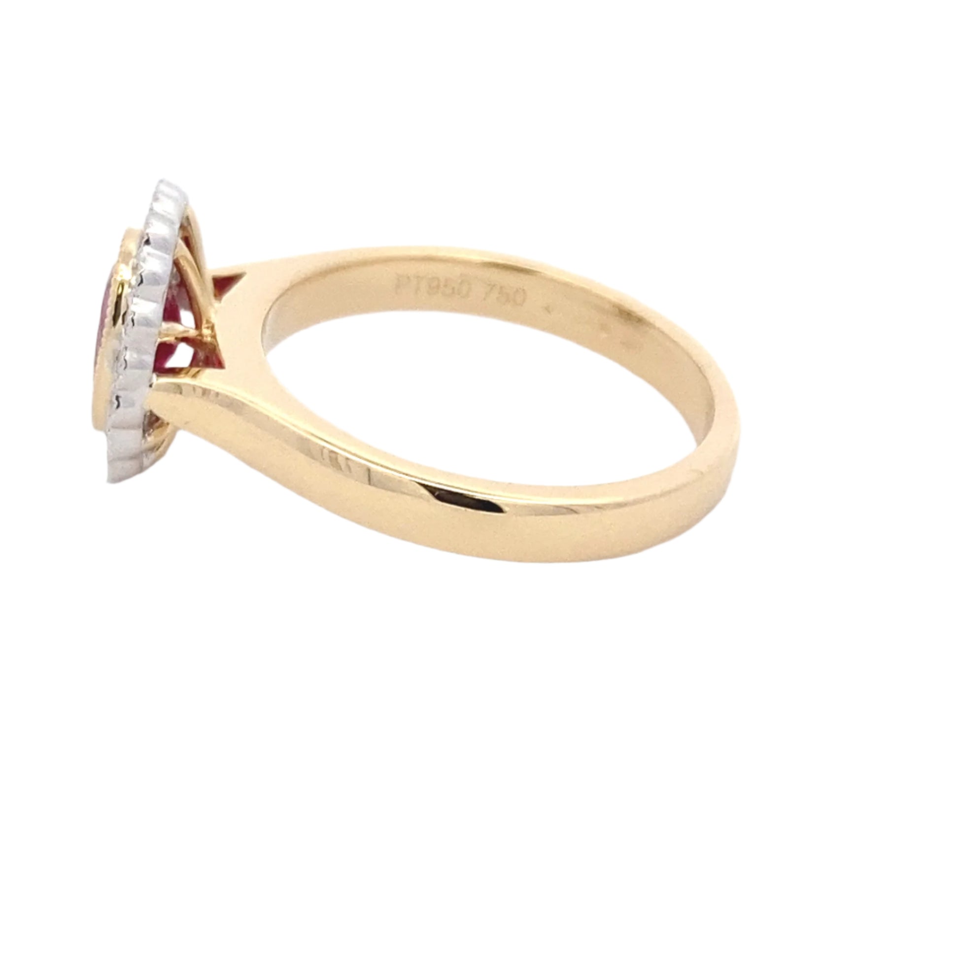 Oval ruby and round brilliant cut diamond vintage style cluster ring Gardiner Brothers