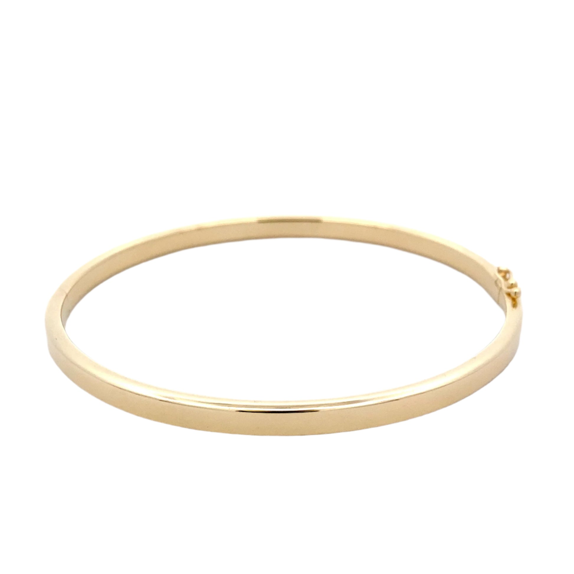 Yellow gold 4mm solid bangle in a flat profile with rounded edges Gardiner Brothers