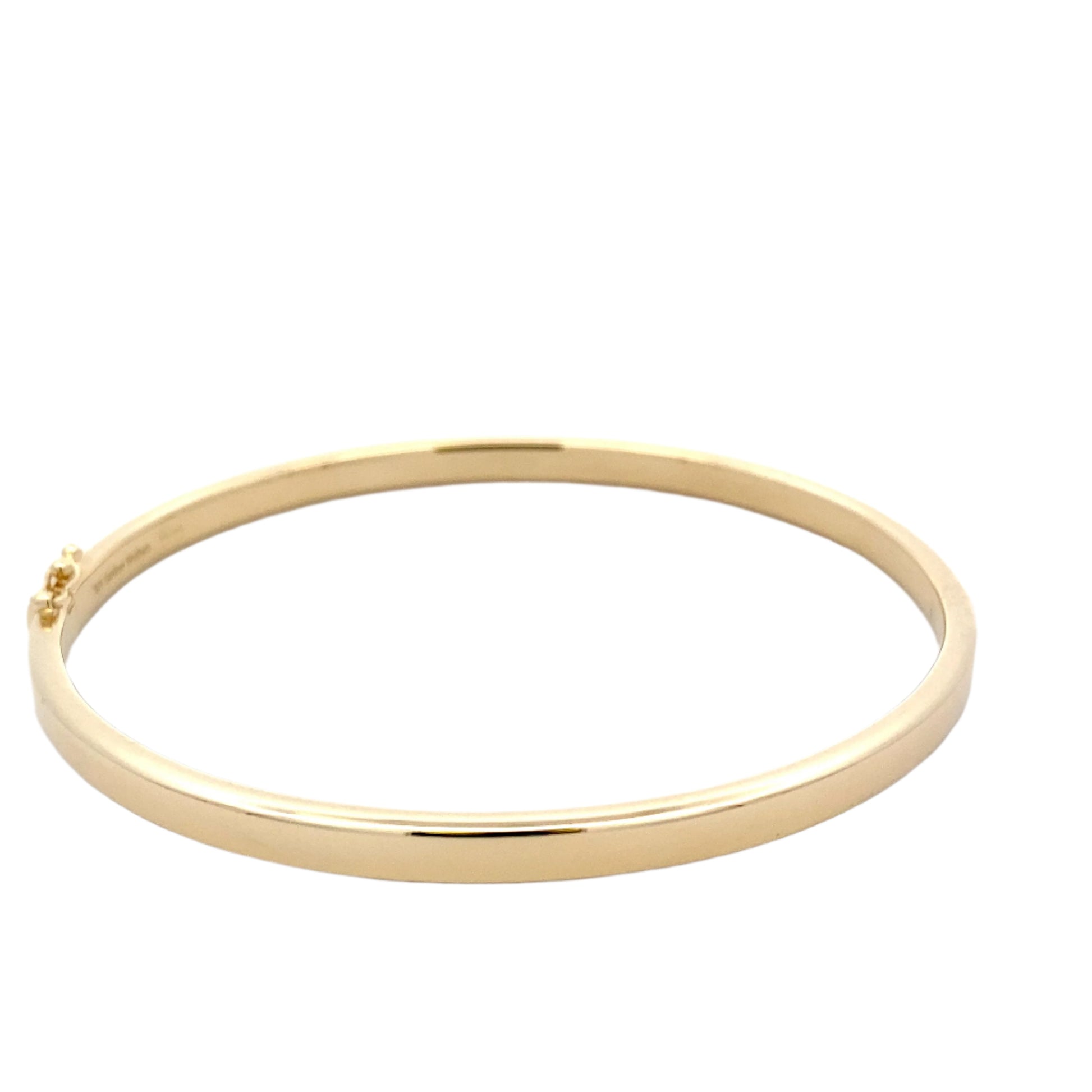 Yellow gold 4mm solid bangle in a flat profile with rounded edges Gardiner Brothers