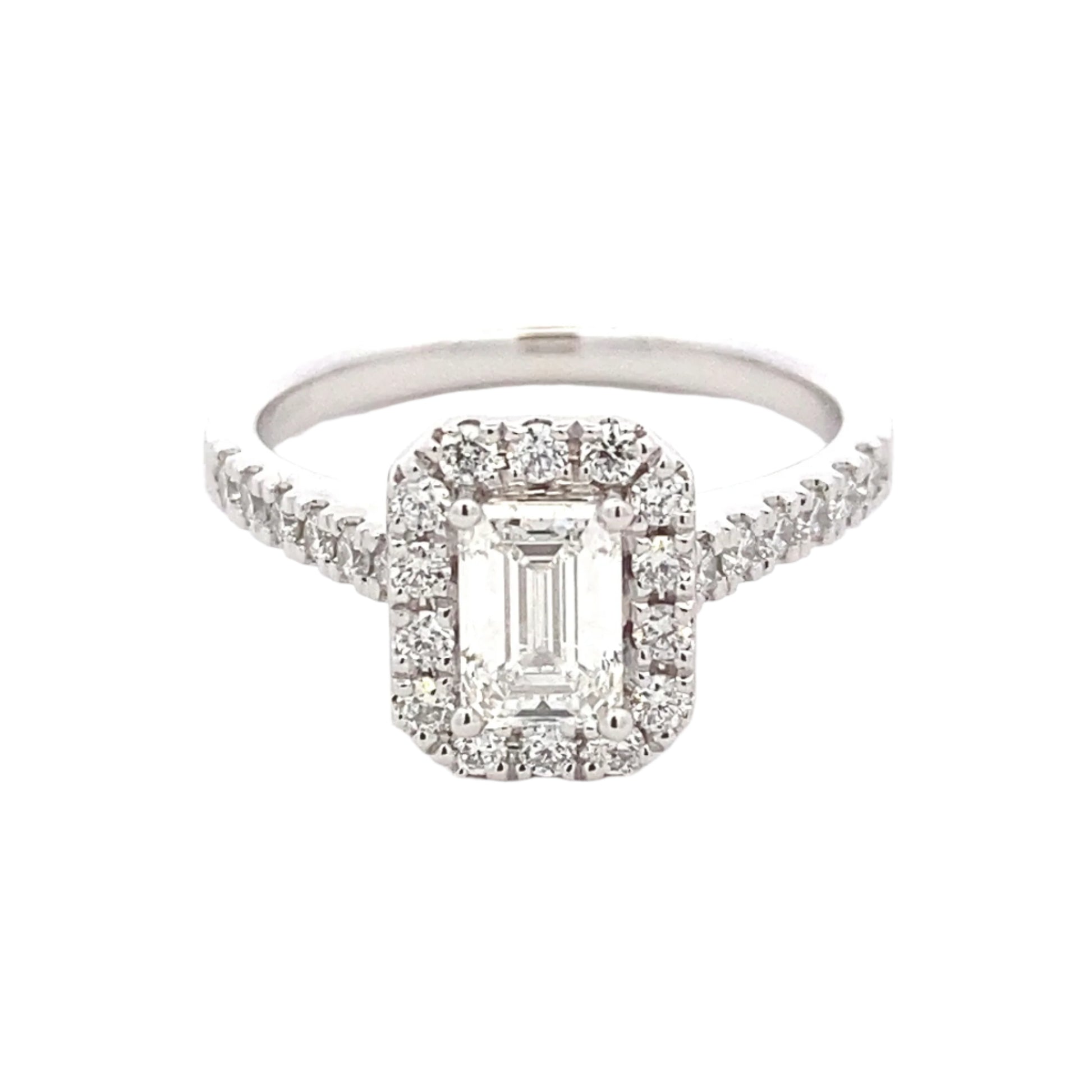 Emerald cut diamond halo cluster style ring - 1.16cts Gardiner Brothers