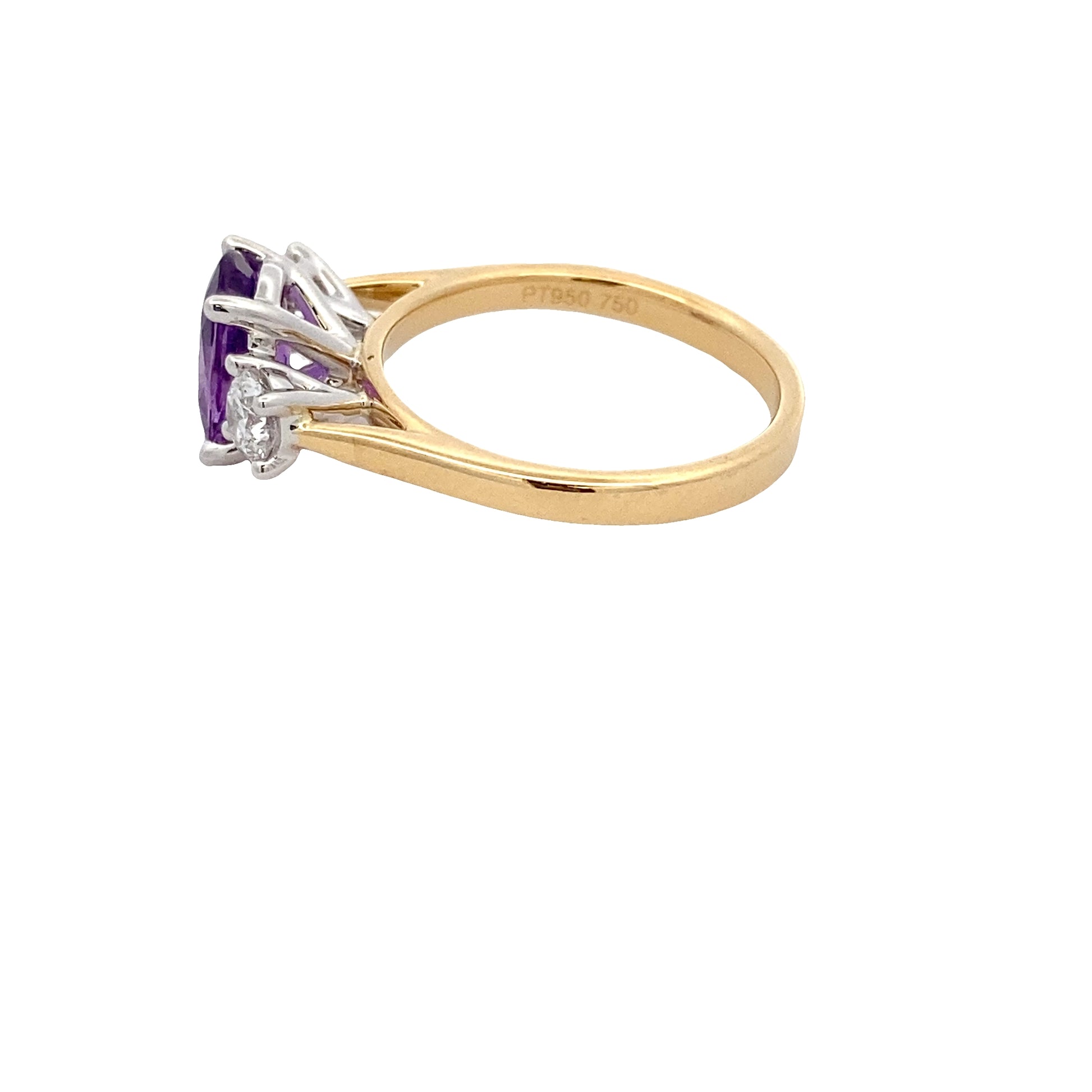 Purple Sapphire and round brilliant cut diamond 3 stone ring Gardiner Brothers