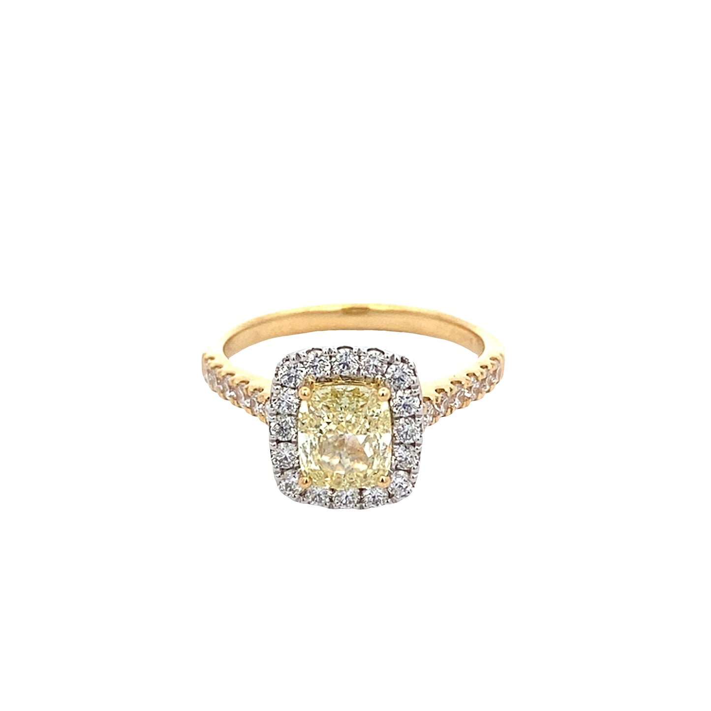 Yellow cushion shaped diamond halo cluster style ring - 1.77cts Gardiner Brothers