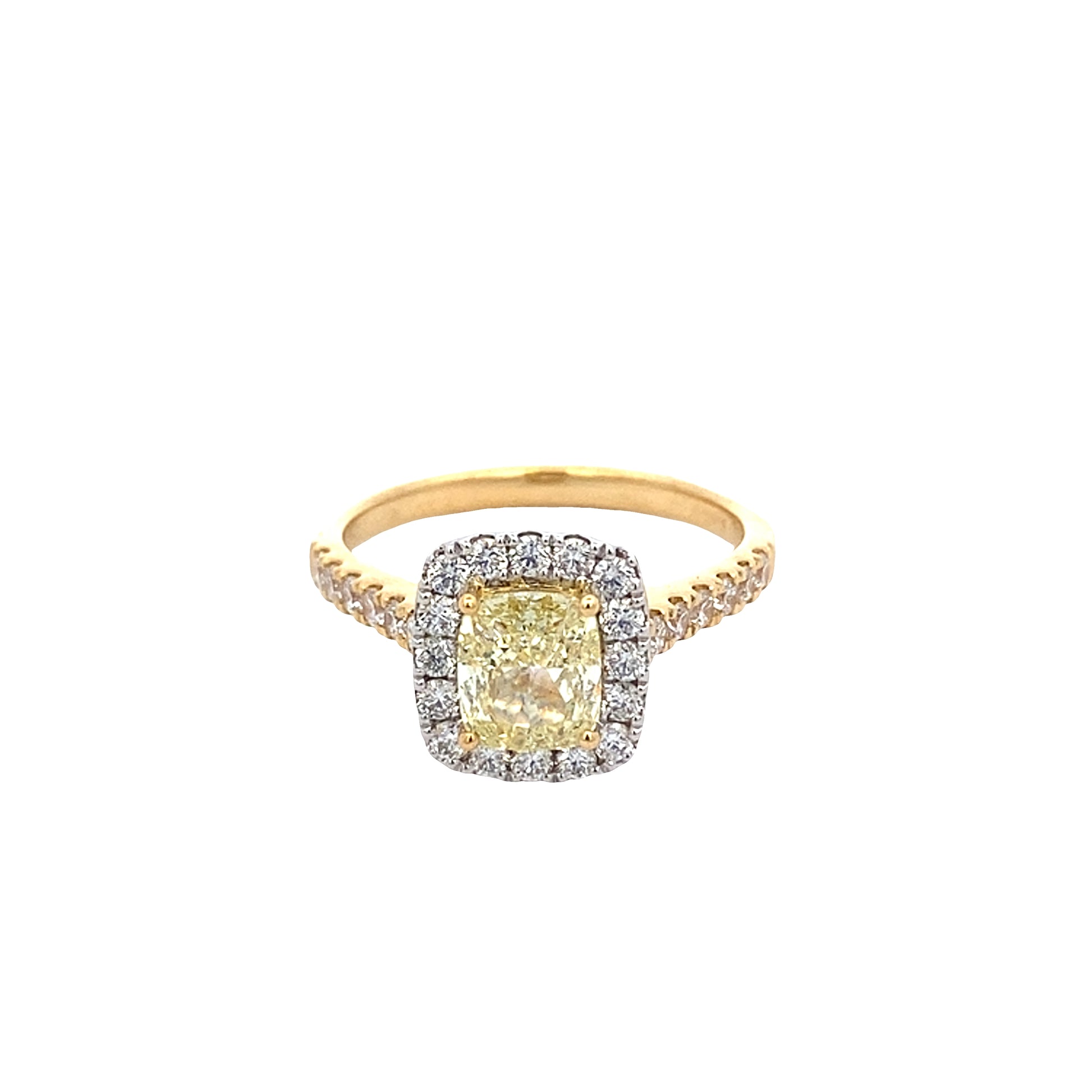 Yellow cushion shaped diamond halo cluster style ring - 1.77cts Gardiner Brothers