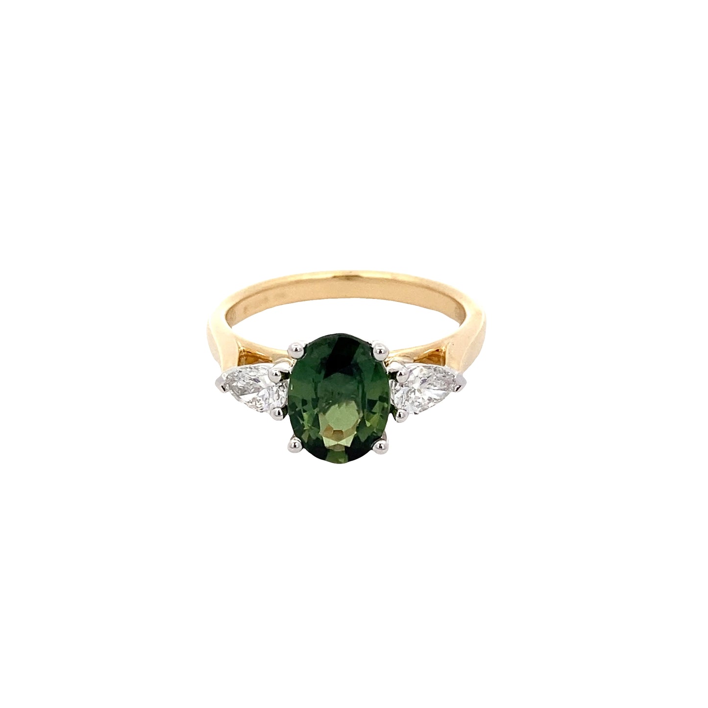 Oval Shaped Green sapphire and pear shaped diamond 3 stone ring Gardiner Brothers