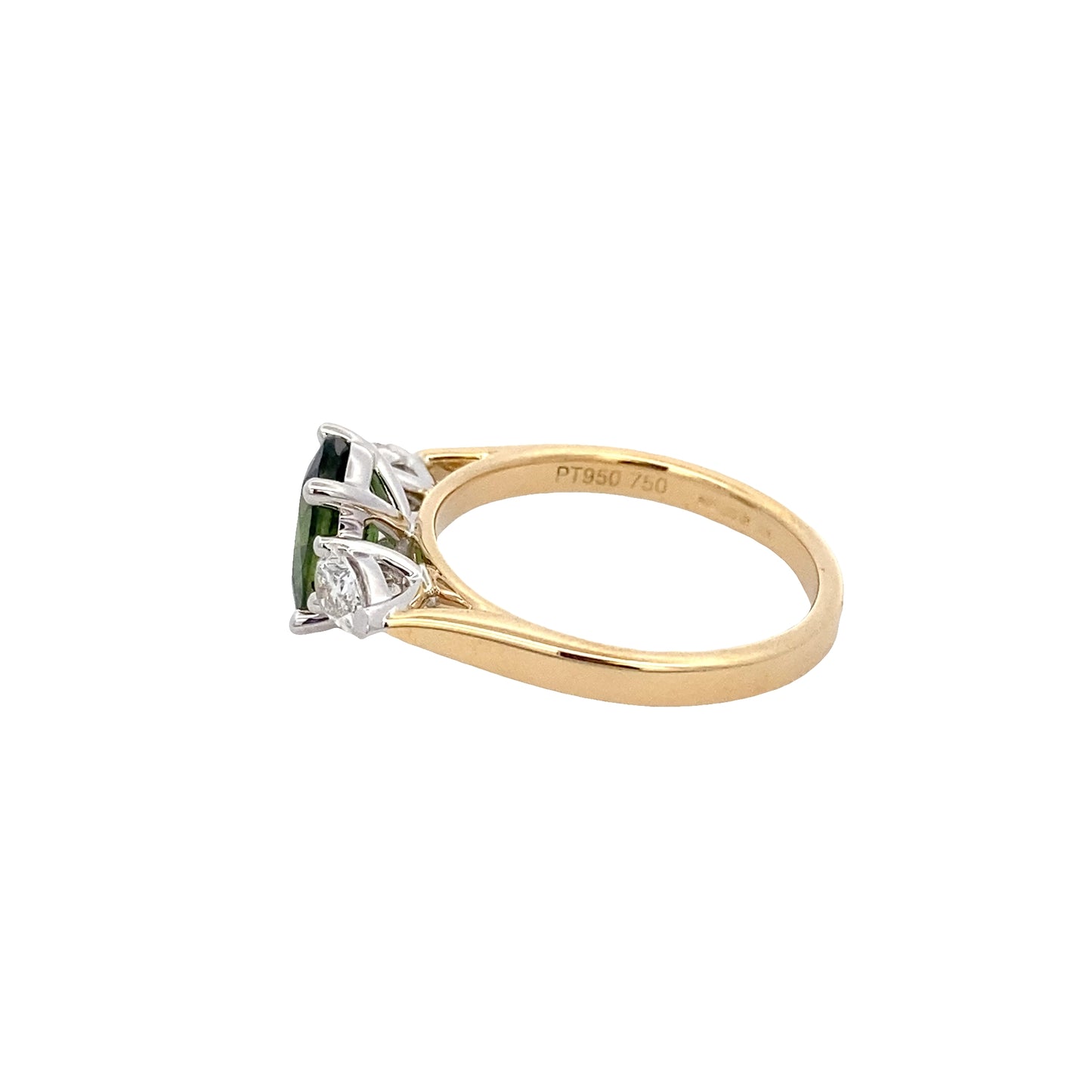Oval Shaped Green sapphire and pear shaped diamond 3 stone ring Gardiner Brothers