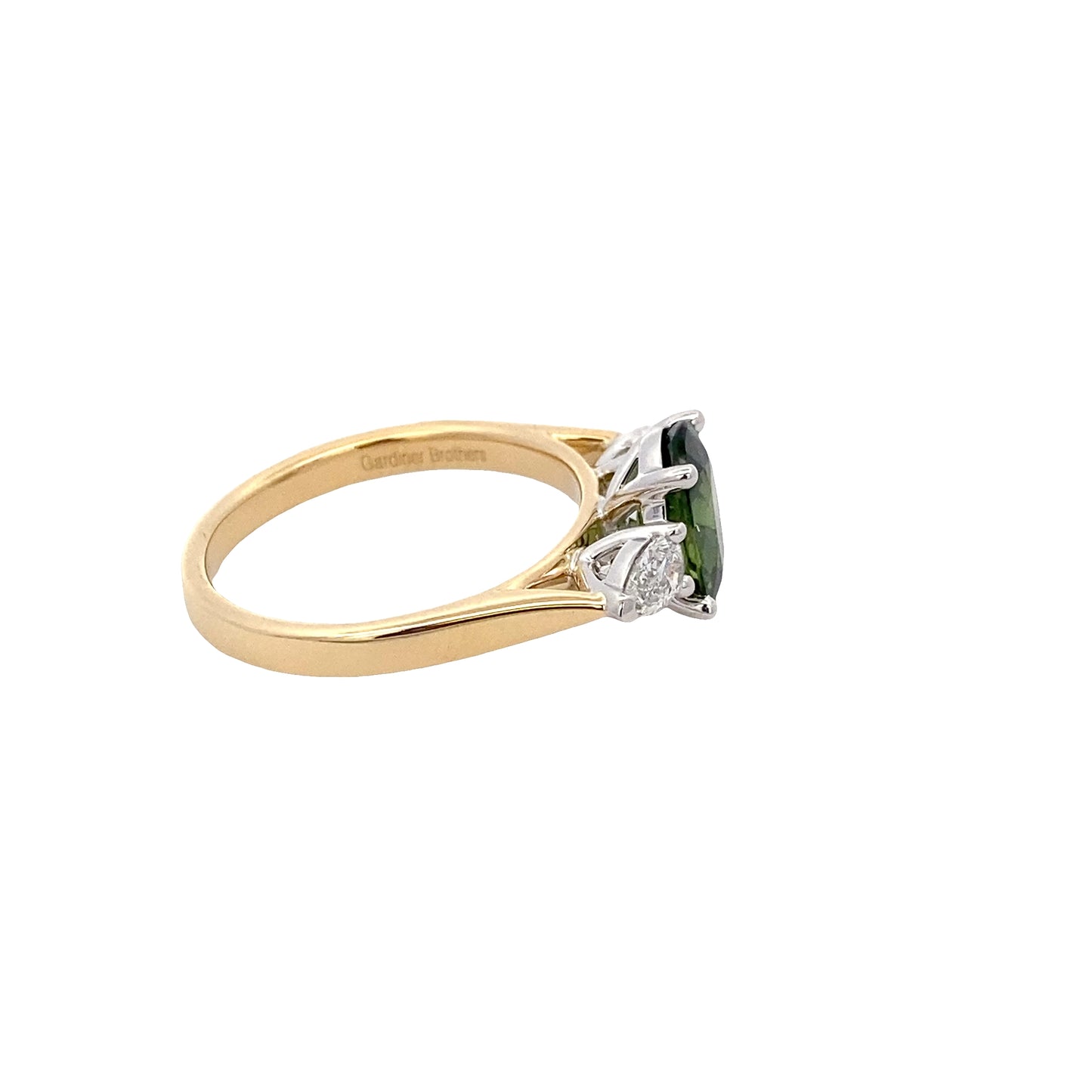 Oval Shaped Green sapphire and pear shaped diamond 3 stone ring Gardiner Brothers