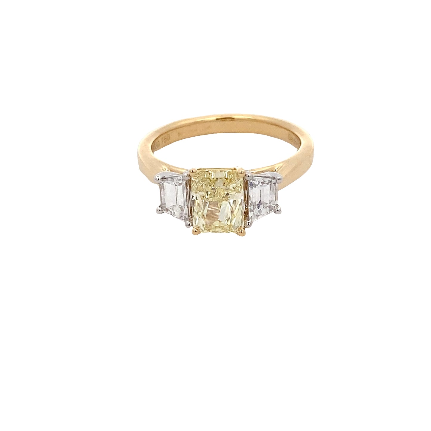 Radiant cut yellow and trapezoid diamond 3 stone ring - 1.93cts Gardiner Brothers