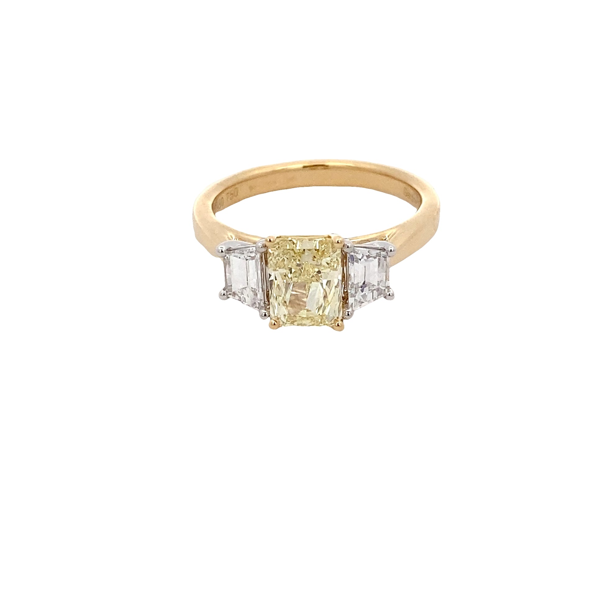 Radiant cut yellow and trapezoid diamond 3 stone ring - 1.93cts Gardiner Brothers