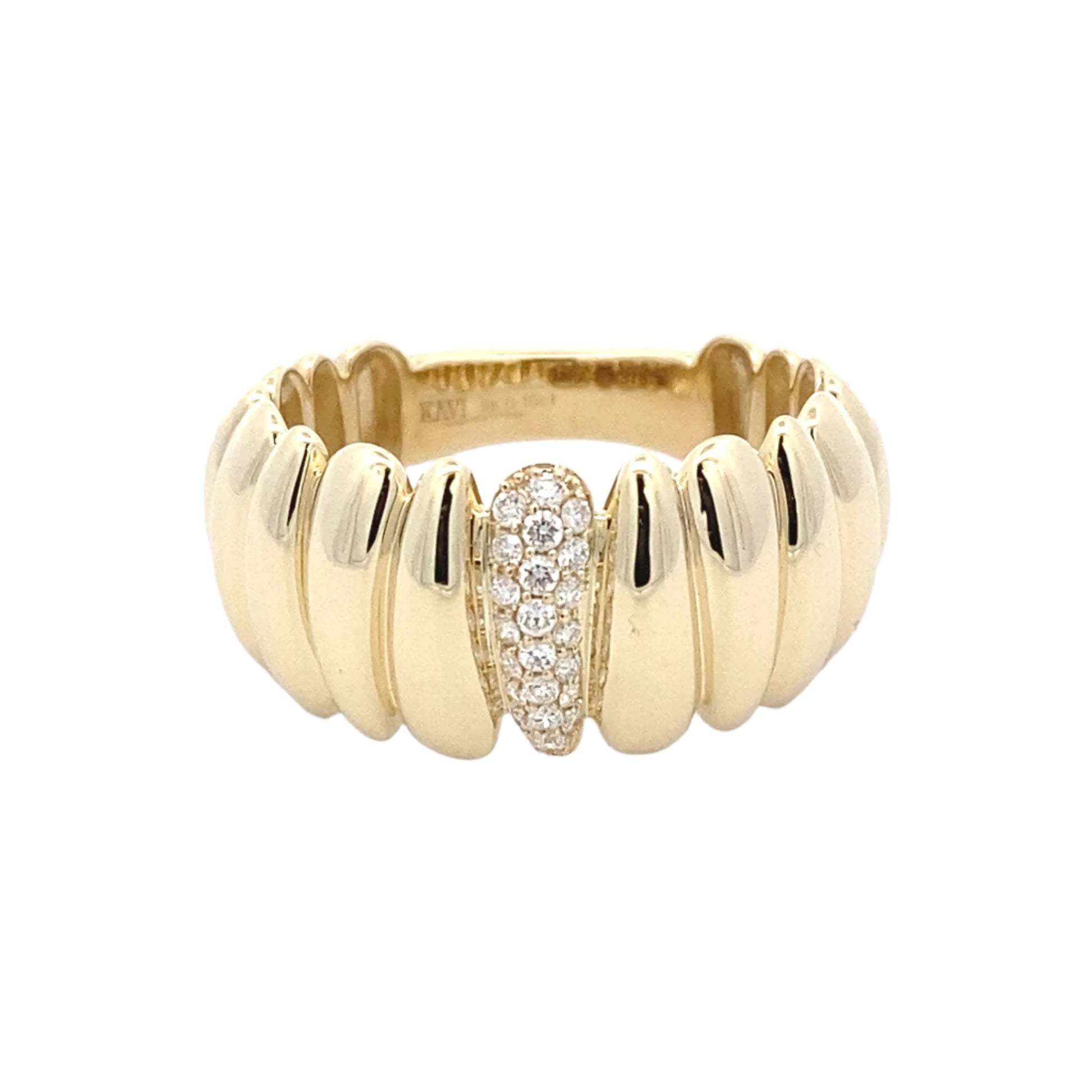 Yellow gold fancy patterned ring with round brilliant cut diamonds Gardiner Brothers