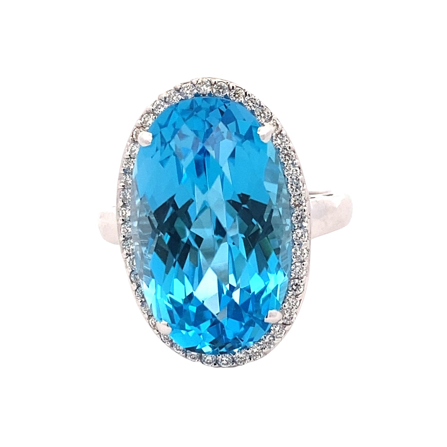 Oval Swiss Blue Topaz and Round Brilliant Cut Diamond Halo Ring Gardiner Brothers