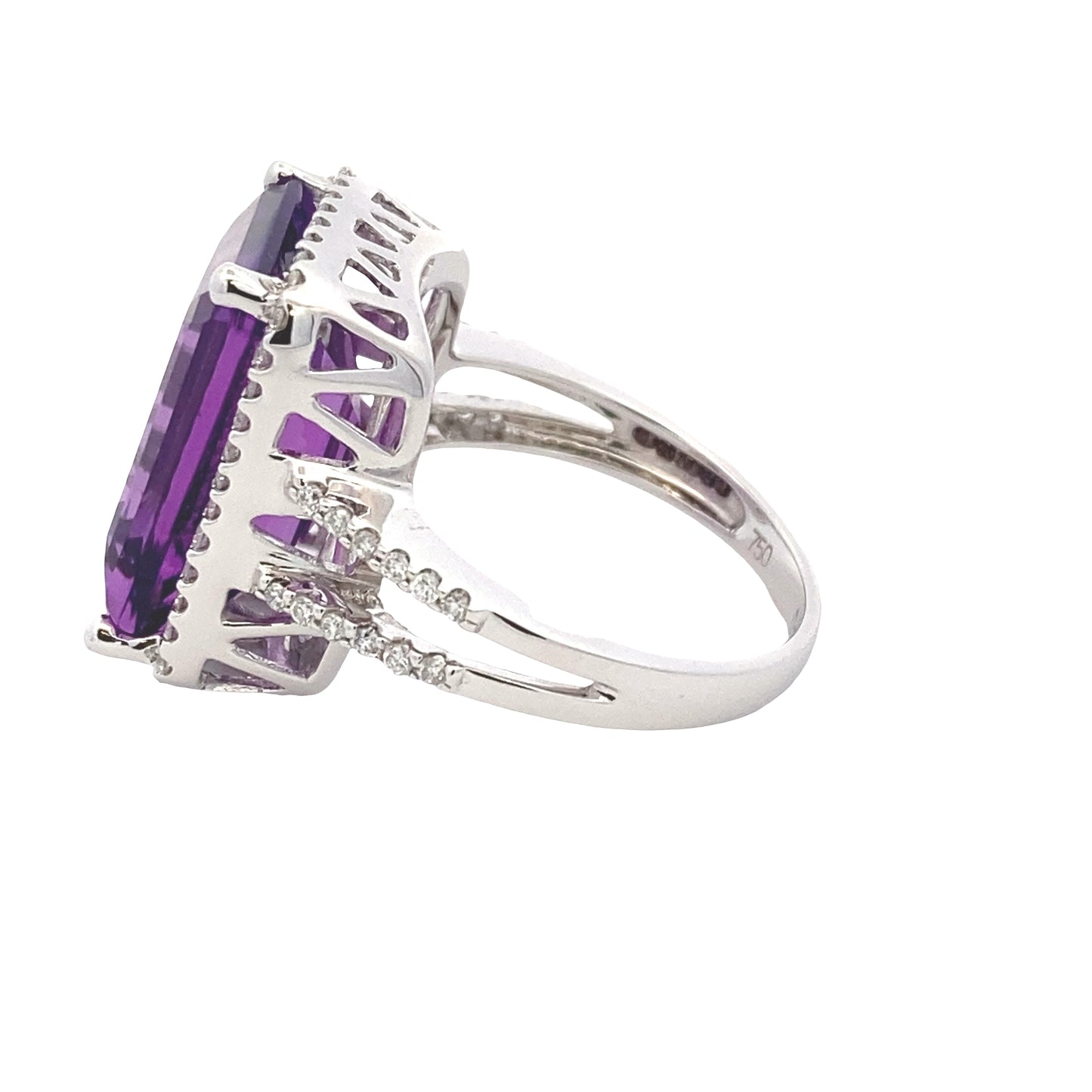 Octagonal Amethyst and Round Brilliant Cut Diamond Halo Ring with Split Diamond Set Shoulders Gardiner Brothers