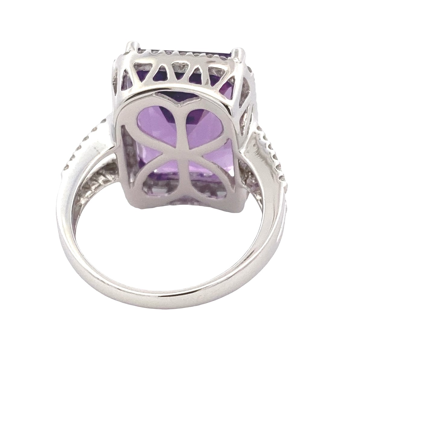 Octagonal Amethyst and Round Brilliant Cut Diamond Halo Ring with Split Diamond Set Shoulders Gardiner Brothers