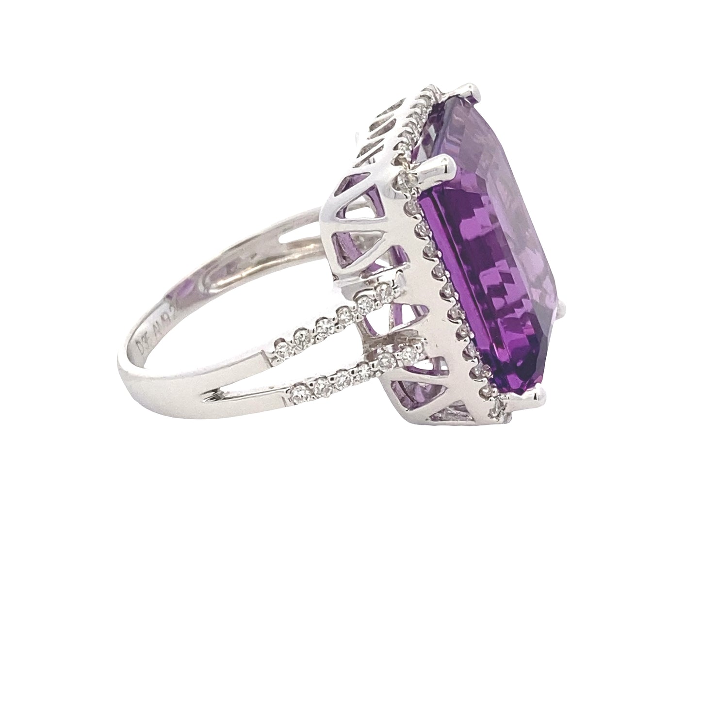 Octagonal Amethyst and Round Brilliant Cut Diamond Halo Ring with Split Diamond Set Shoulders Gardiner Brothers