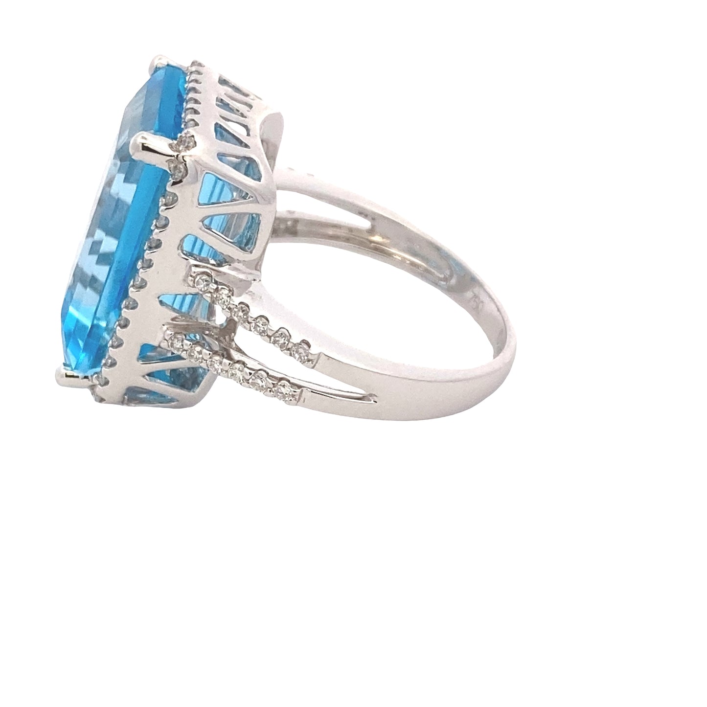 Octagonal Swiss Blue Topaz and Round Brilliant Cut Diamond Halo Ring with Split Diamond Set Shoulders Gardiner Brothers