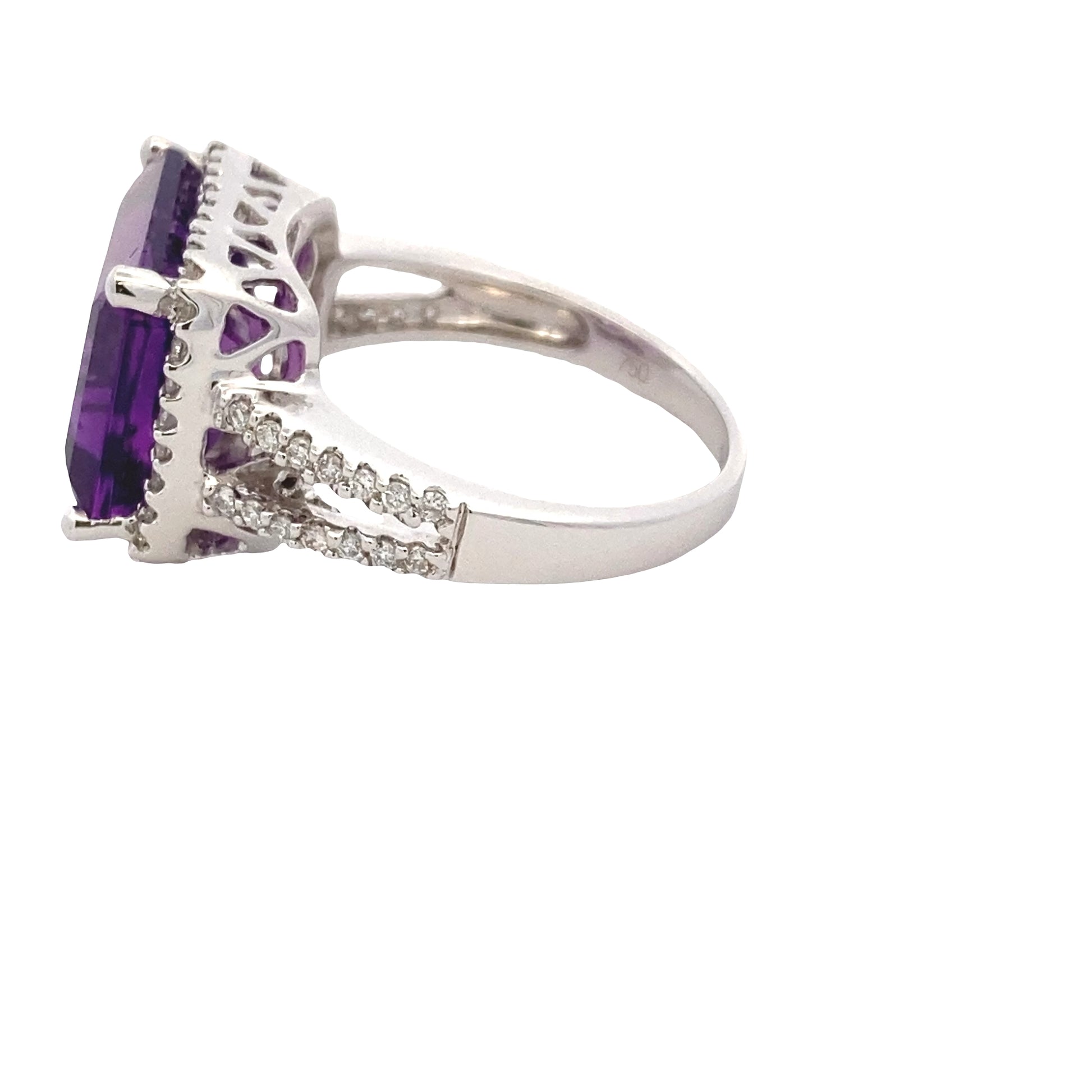 Octagonal Amethyst and Round Brilliant Cut Diamond Halo Ring with Split Diamond Set Shoulders Gardiner Brothers