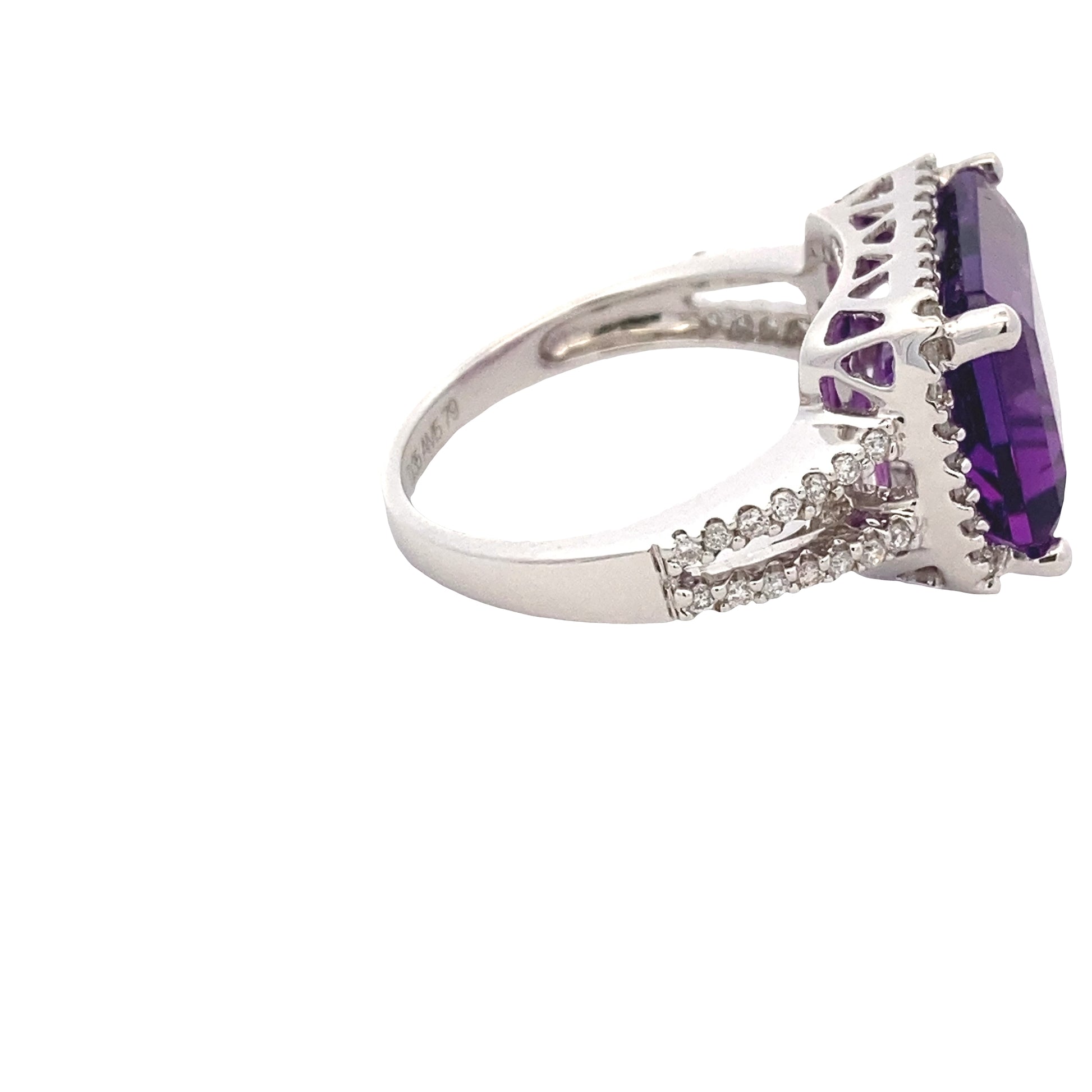 Octagonal Amethyst and Round Brilliant Cut Diamond Halo Ring with Split Diamond Set Shoulders Gardiner Brothers
