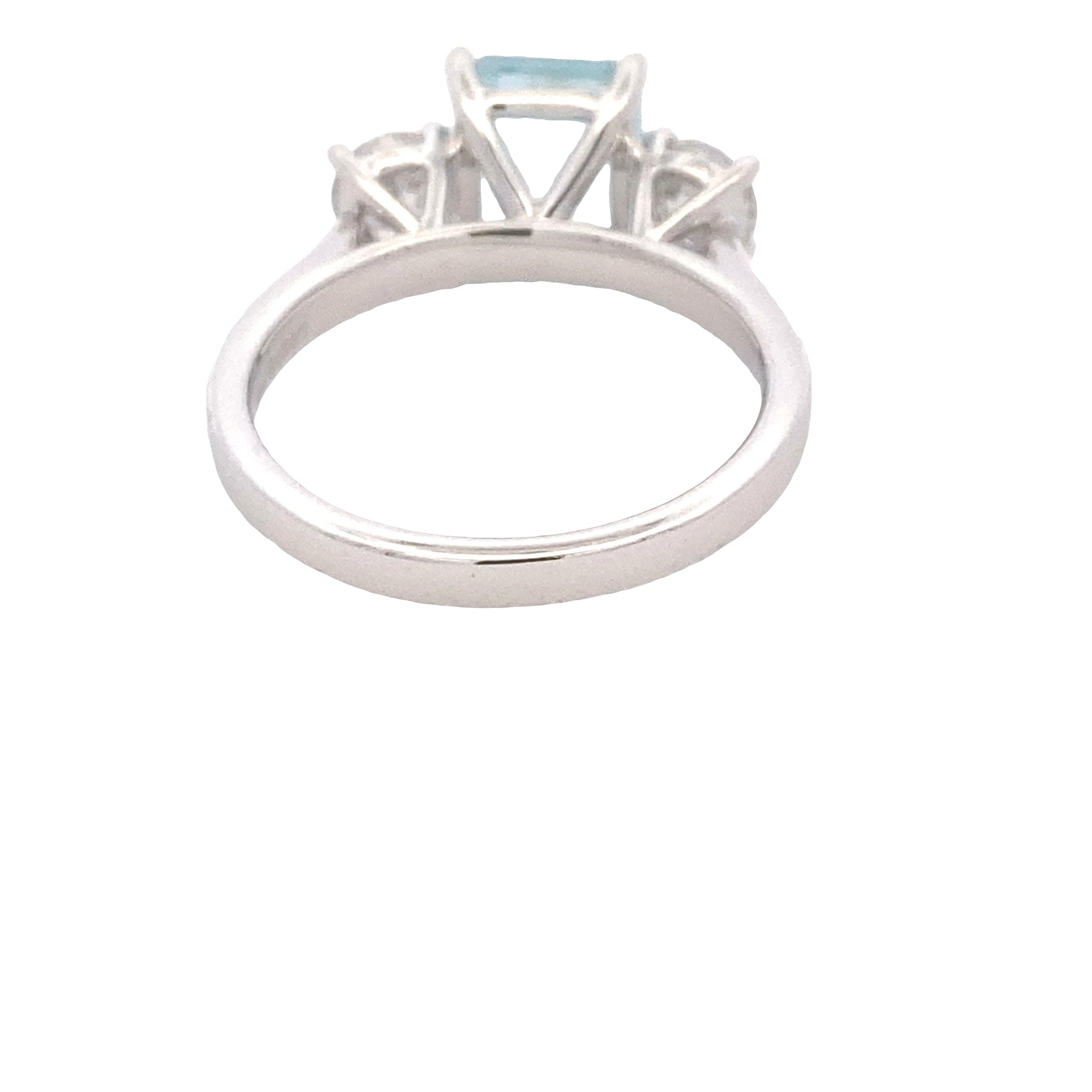 Octagonal shaped aquamarine and round brilliant cut diamond 3 stone ring Gardiner Brothers
