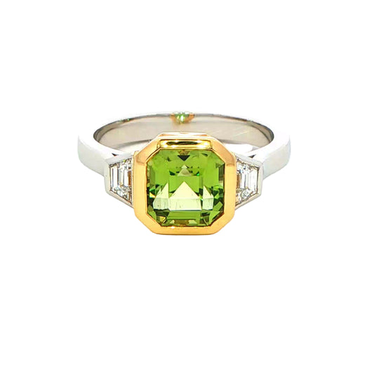 Chrome Tourmaline and Trapezoid Cut Diamond 3 Stone Ring Gardiner Brothers