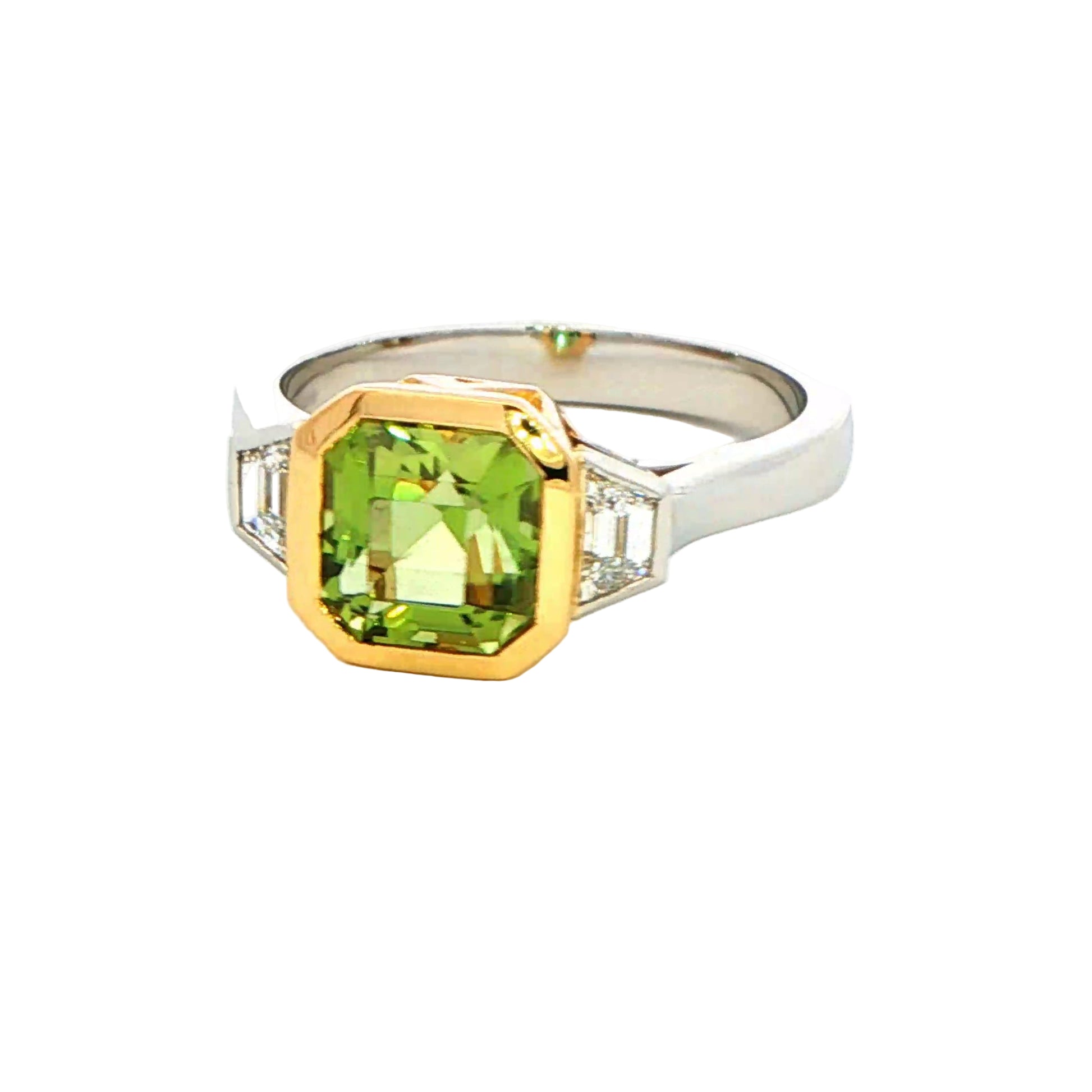 Chrome Tourmaline and Trapezoid Cut Diamond 3 Stone Ring Gardiner Brothers