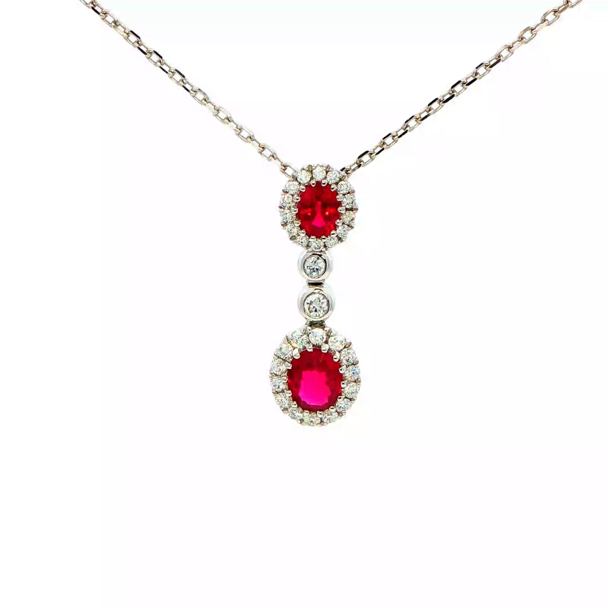 Ruby and Round Brilliant Cut Diamond Halo Drop Style Pendant Gardiner Brothers