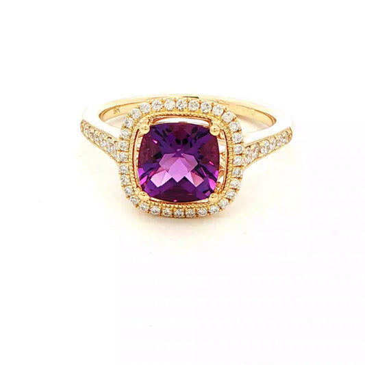 Cushion shaped amethyst and round brilliant cut diamond halo cluster ring Gardiner Brothers