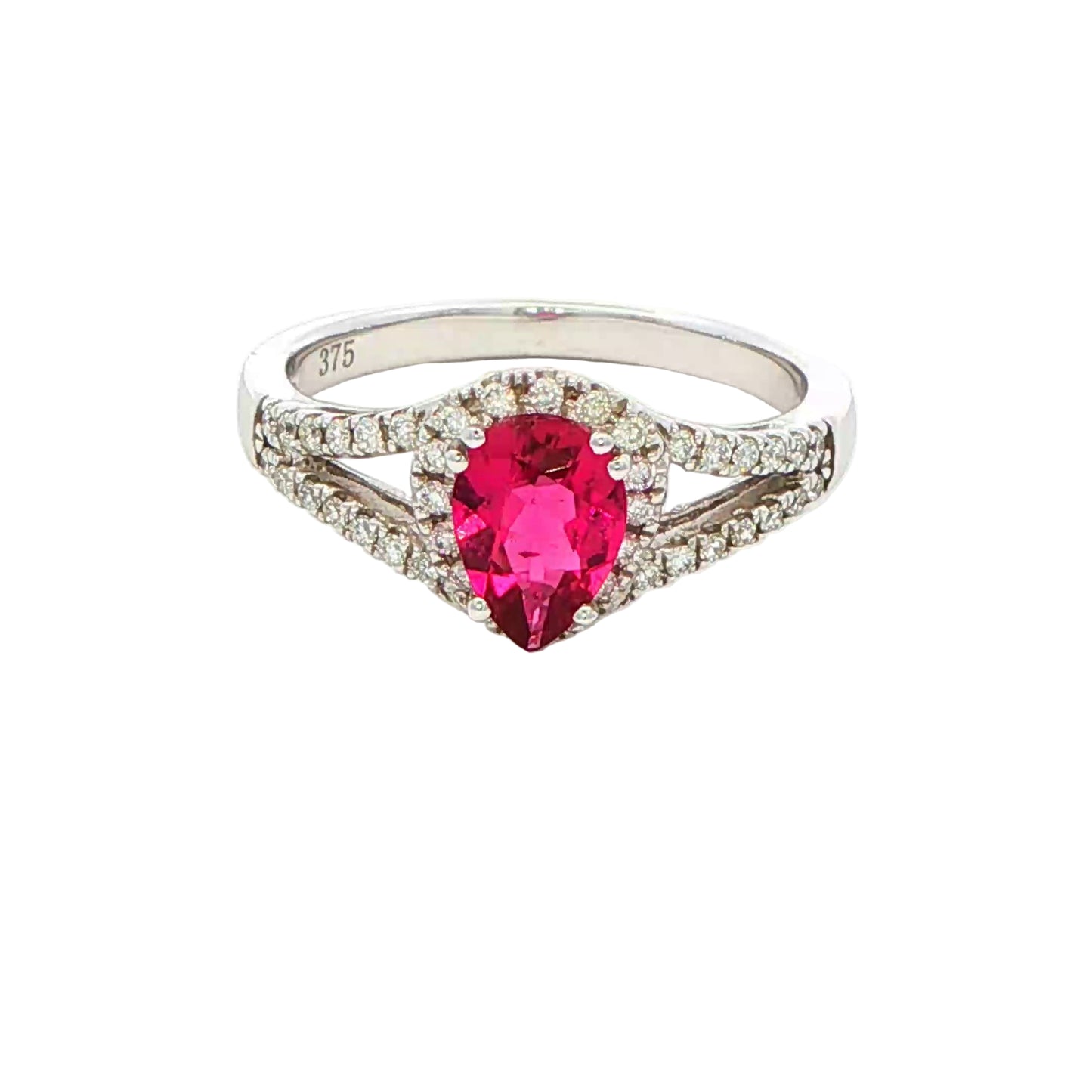 Pear Shaped Pink Tourmaline and Diamond Halo Ring with Split Diamond Set Shoulders Gardiner Brothers