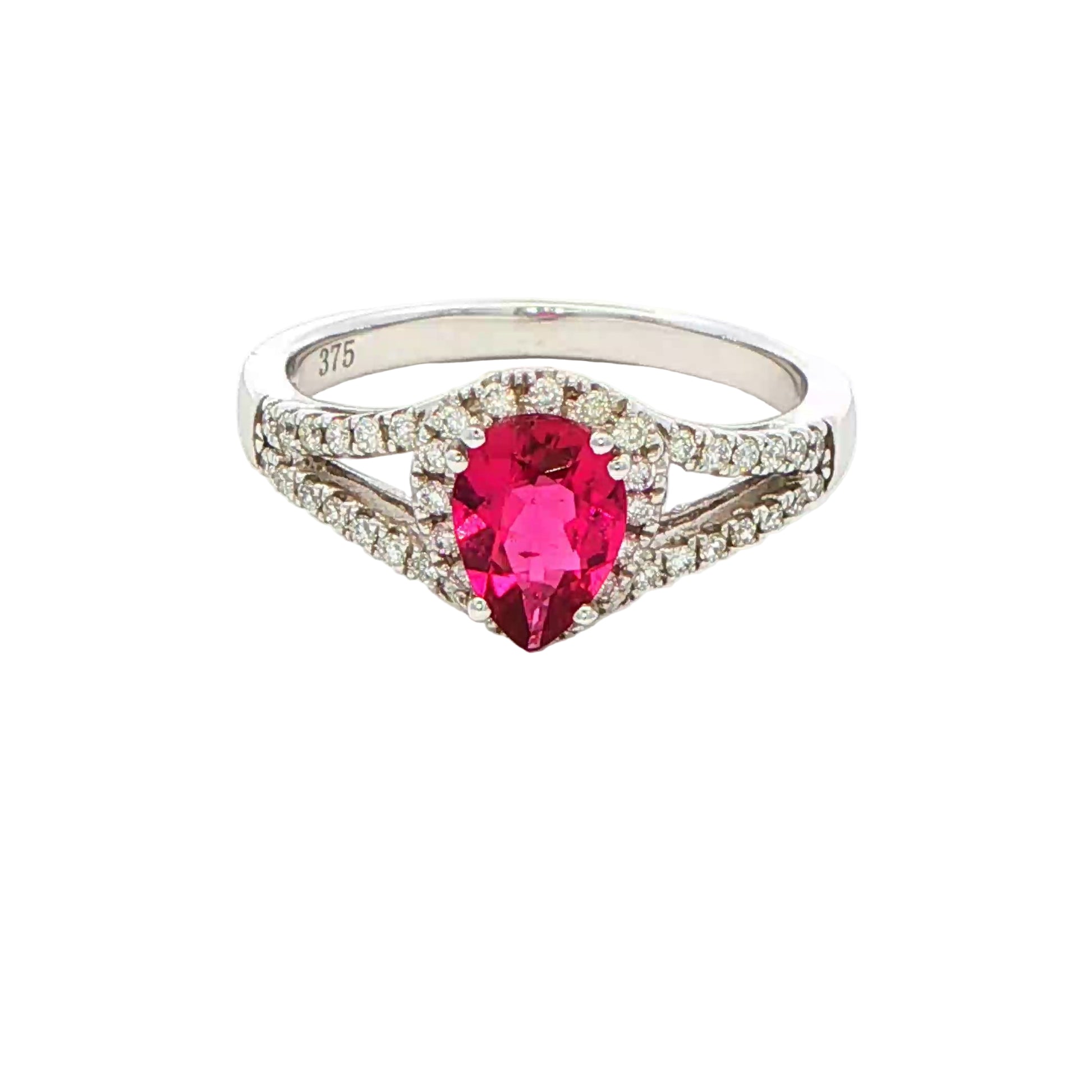Pear Shaped Pink Tourmaline and Diamond Halo Ring with Split Diamond Set Shoulders Gardiner Brothers