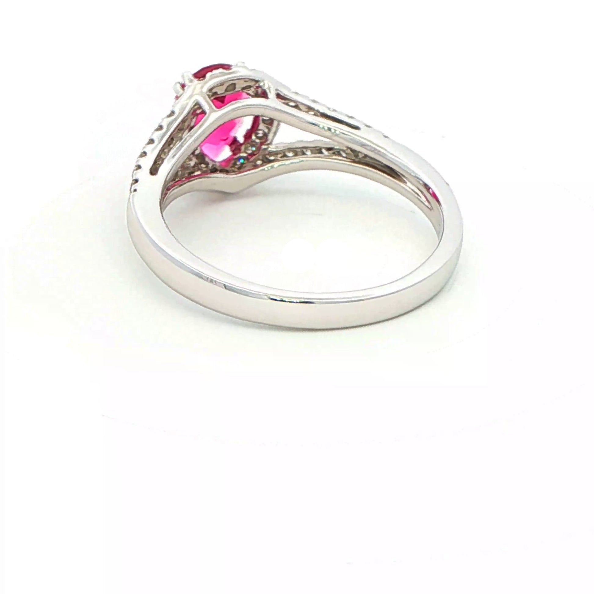 Pear Shaped Pink Tourmaline and Diamond Halo Ring with Split Diamond Set Shoulders Gardiner Brothers