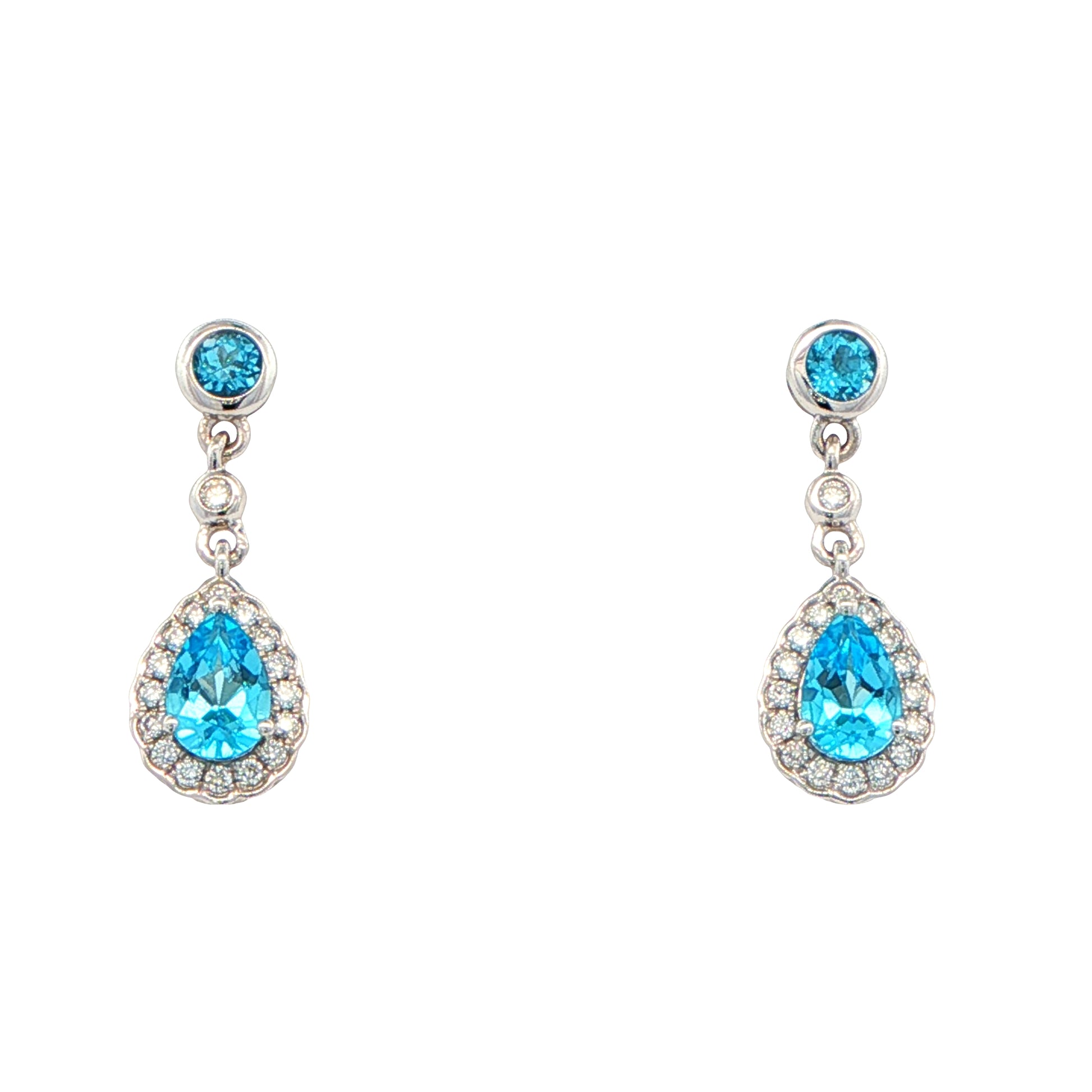 Pear Shaped Swiss Blue Topaz and Diamond Halo Drop Style Earrings Gardiner Brothers