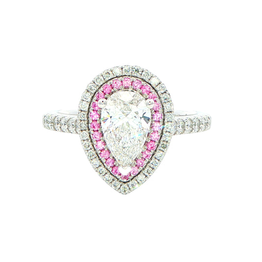 Pear Shaped Diamond and Pink Sapphire Double Halo Style Ring Gardiner Brothers
