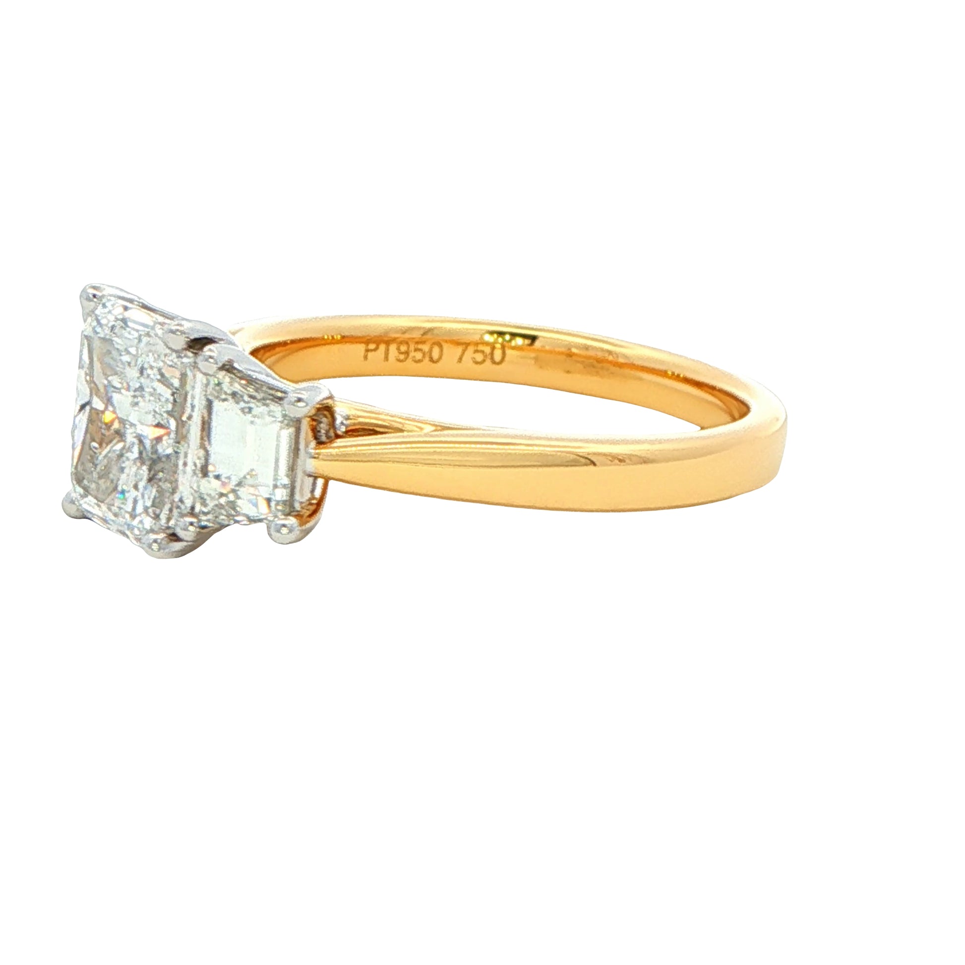 Radiant and step-cut trapezoid diamond 3 stone ring - 2.36cts Gardiner Brothers