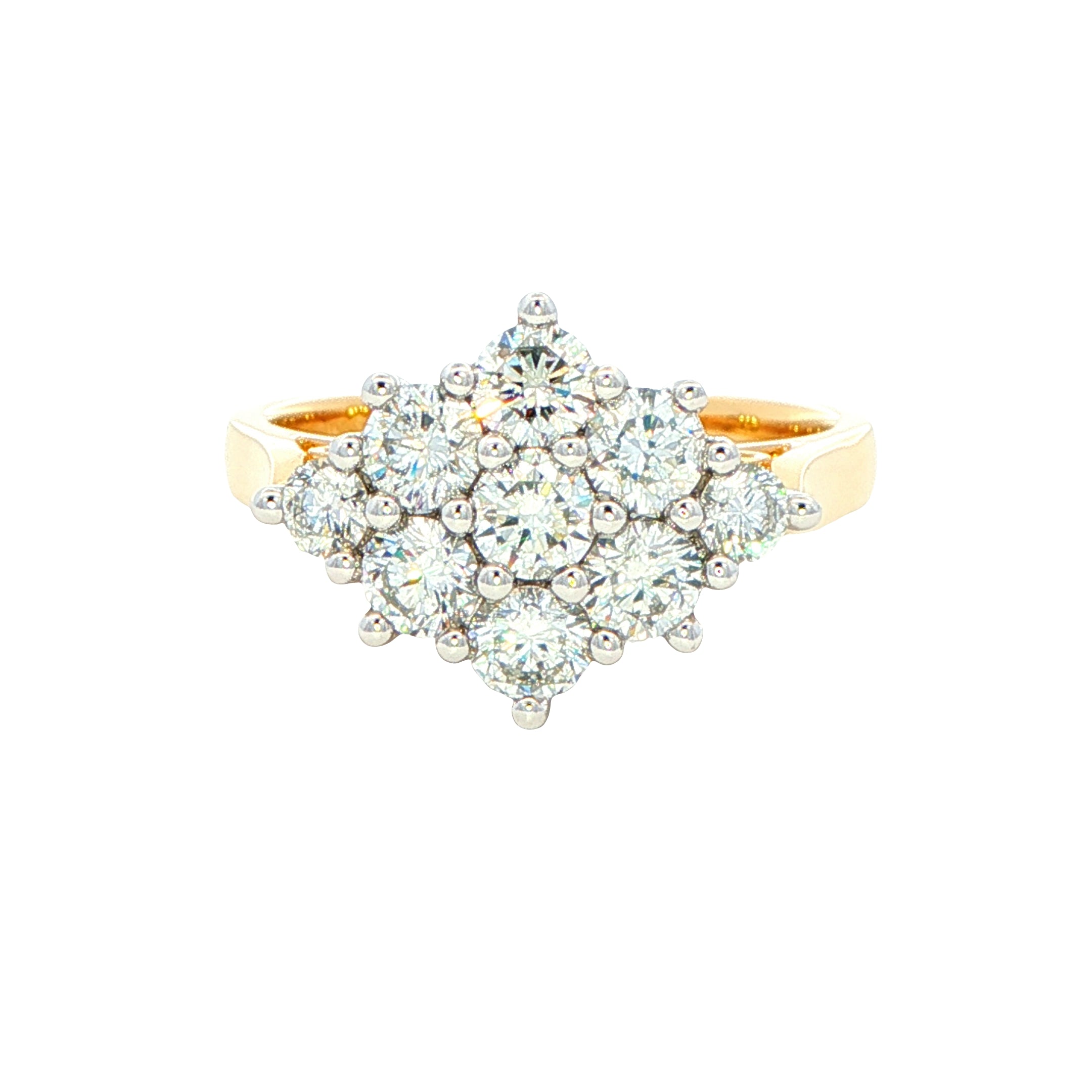 Yellow Gold Round Brilliant cut diamond 9 stone cluster style ring - 1 ...