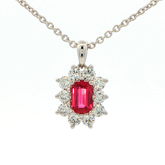 Octagonal shaped Ruby and round brilliant cut diamond cluster style pendant Gardiner Brothers