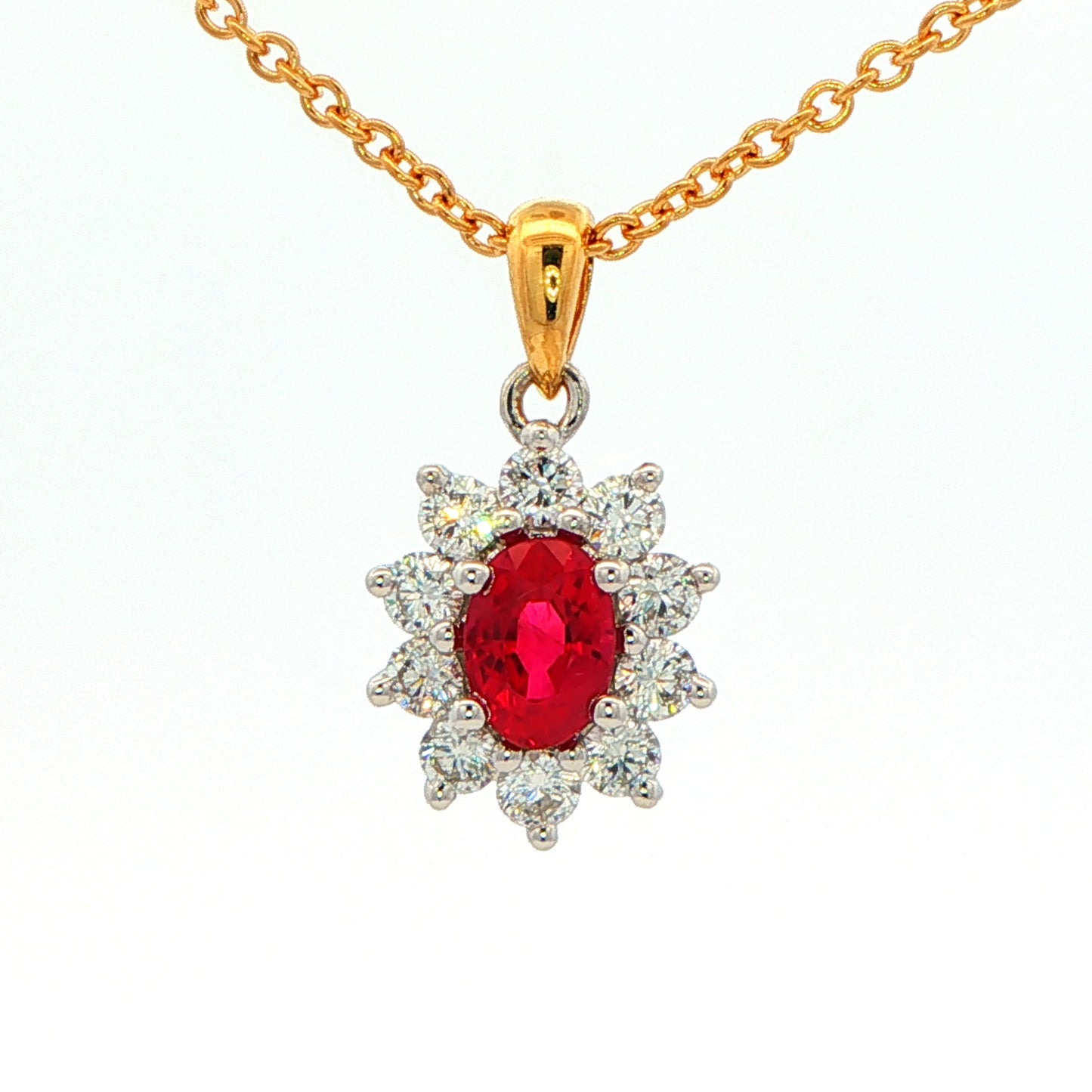 Oval shaped ruby and round brilliant cut diamond cluster style pendant Gardiner Brothers