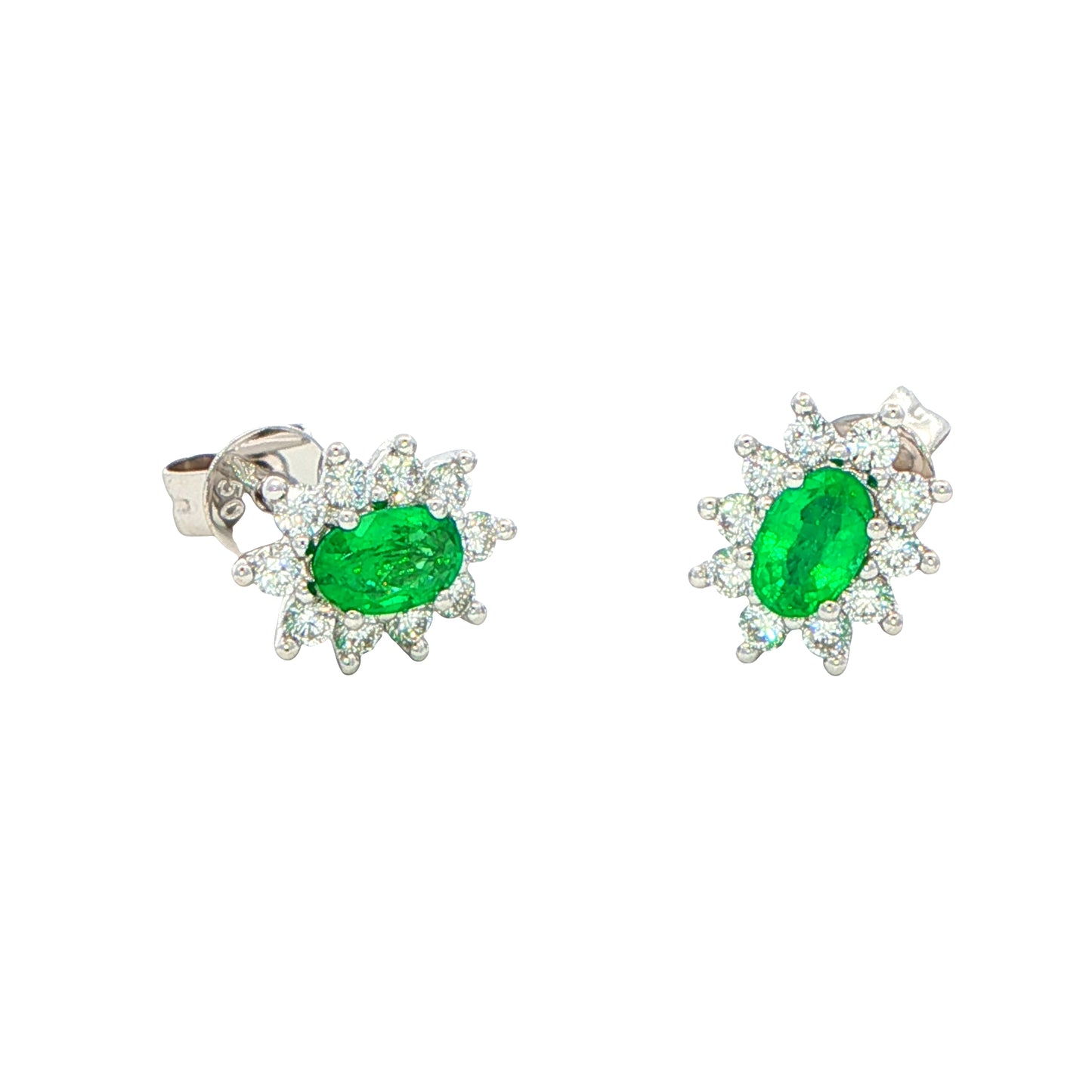Oval shaped emerald and round brilliant cut diamond cluster style earrings Gardiner Brothers