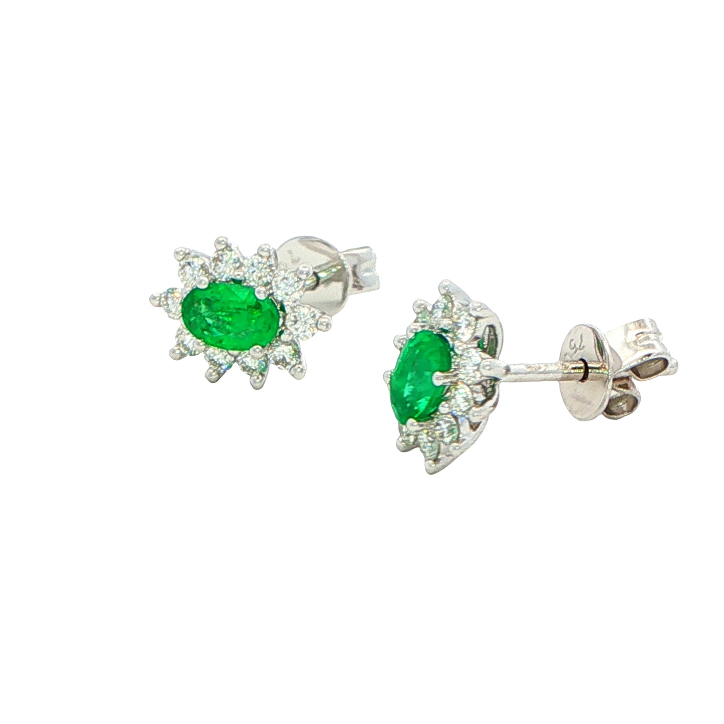 Oval shaped emerald and round brilliant cut diamond cluster style earrings Gardiner Brothers