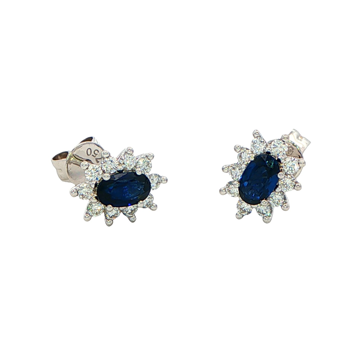 Oval shaped sapphire and round brilliant cut diamond cluster style earring Gardiner Brothers