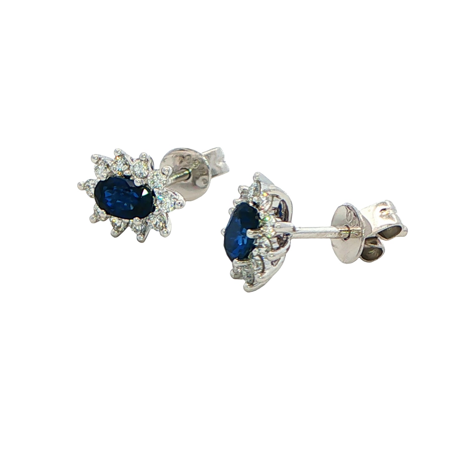 Oval shaped sapphire and round brilliant cut diamond cluster style earring Gardiner Brothers