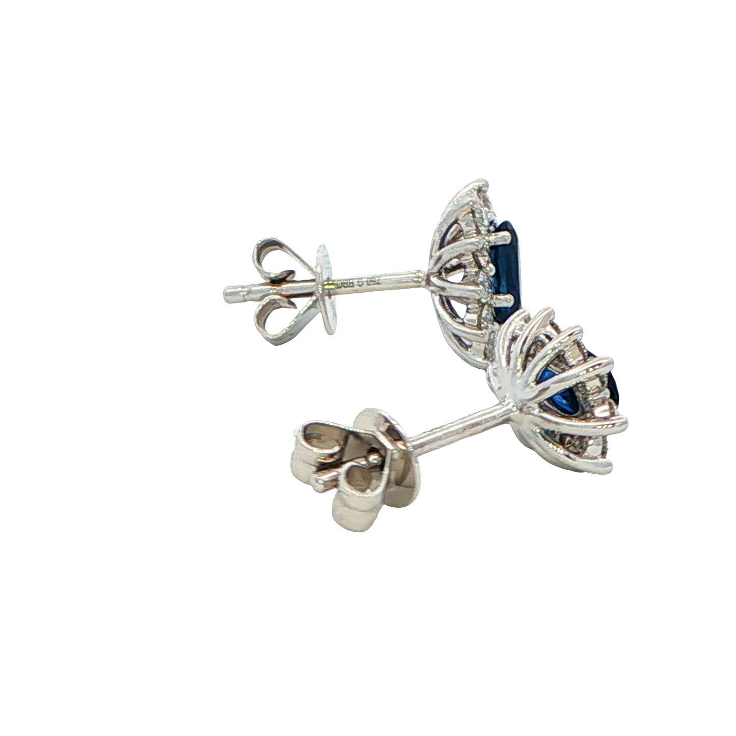 Oval shaped sapphire and round brilliant cut diamond cluster style earring Gardiner Brothers