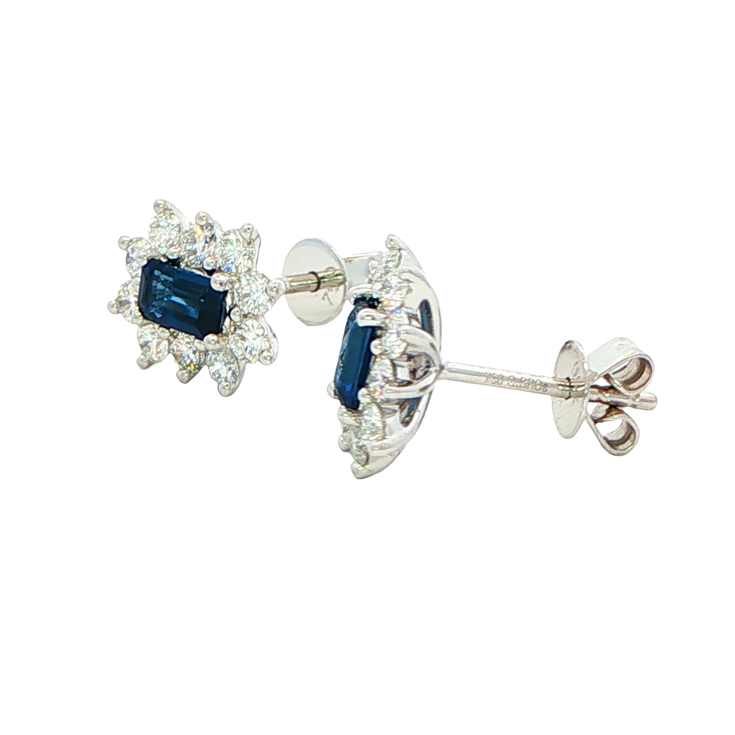 Octagonal shaped sapphire and round brilliant cut diamond cluster style earrings. Gardiner Brothers