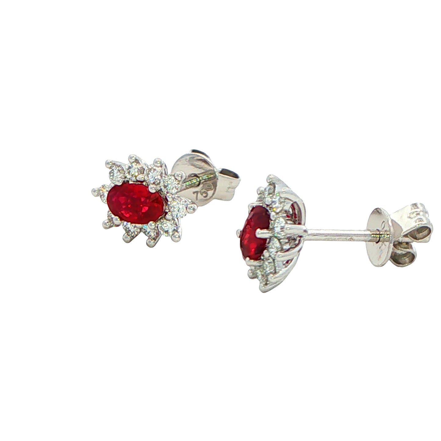 Oval shaped ruby and round brilliant cut diamond cluster style earrings Gardiner Brothers