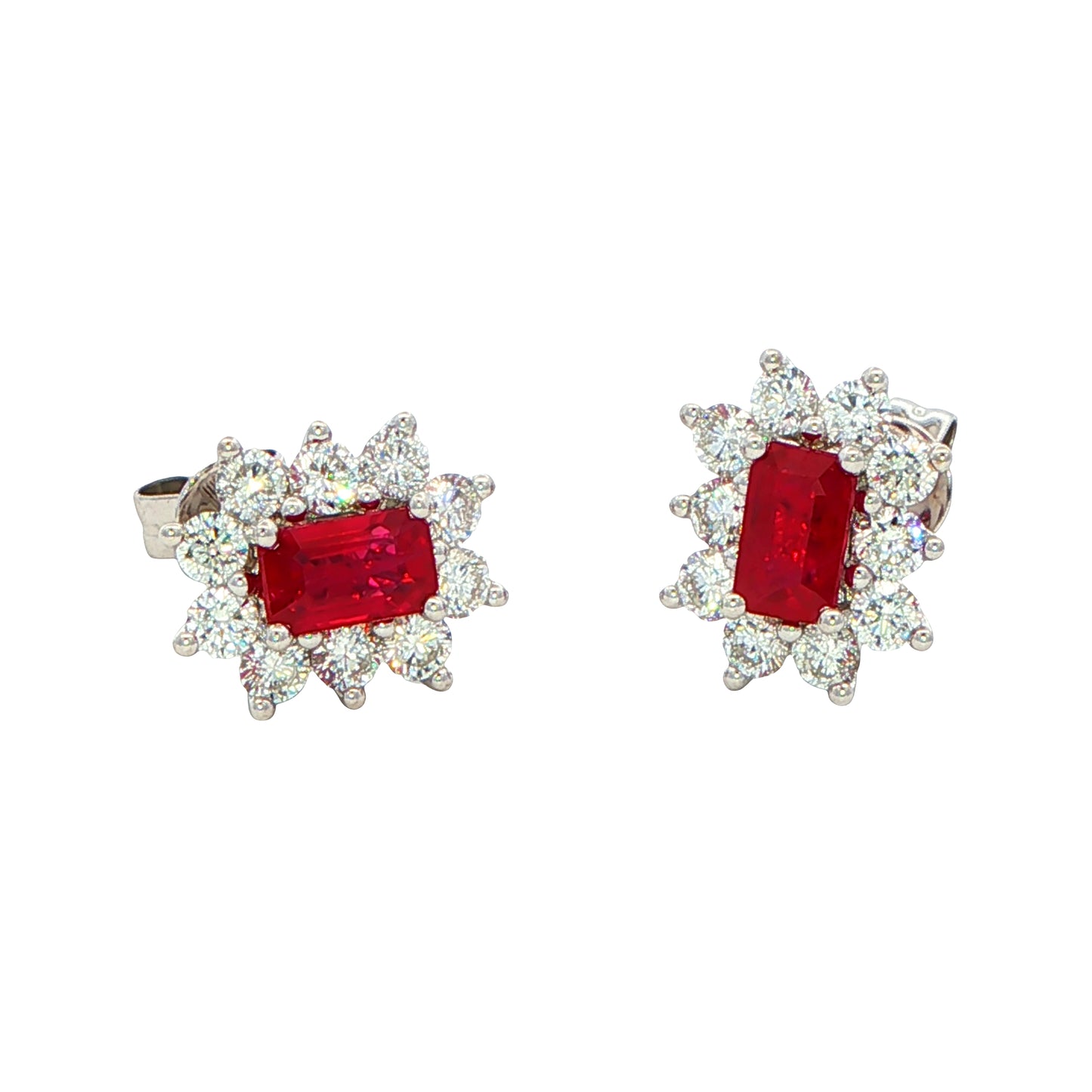 Octagonal shaped Ruby and round brilliant cut diamond cluster style earrings Gardiner Brothers