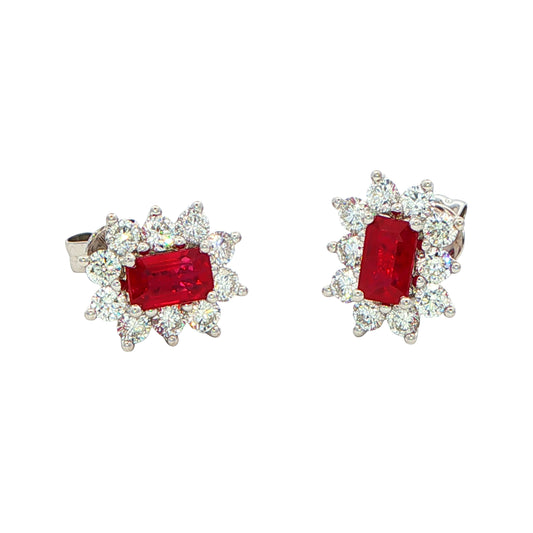 Octagonal shaped Ruby and round brilliant cut diamond cluster style earrings Gardiner Brothers