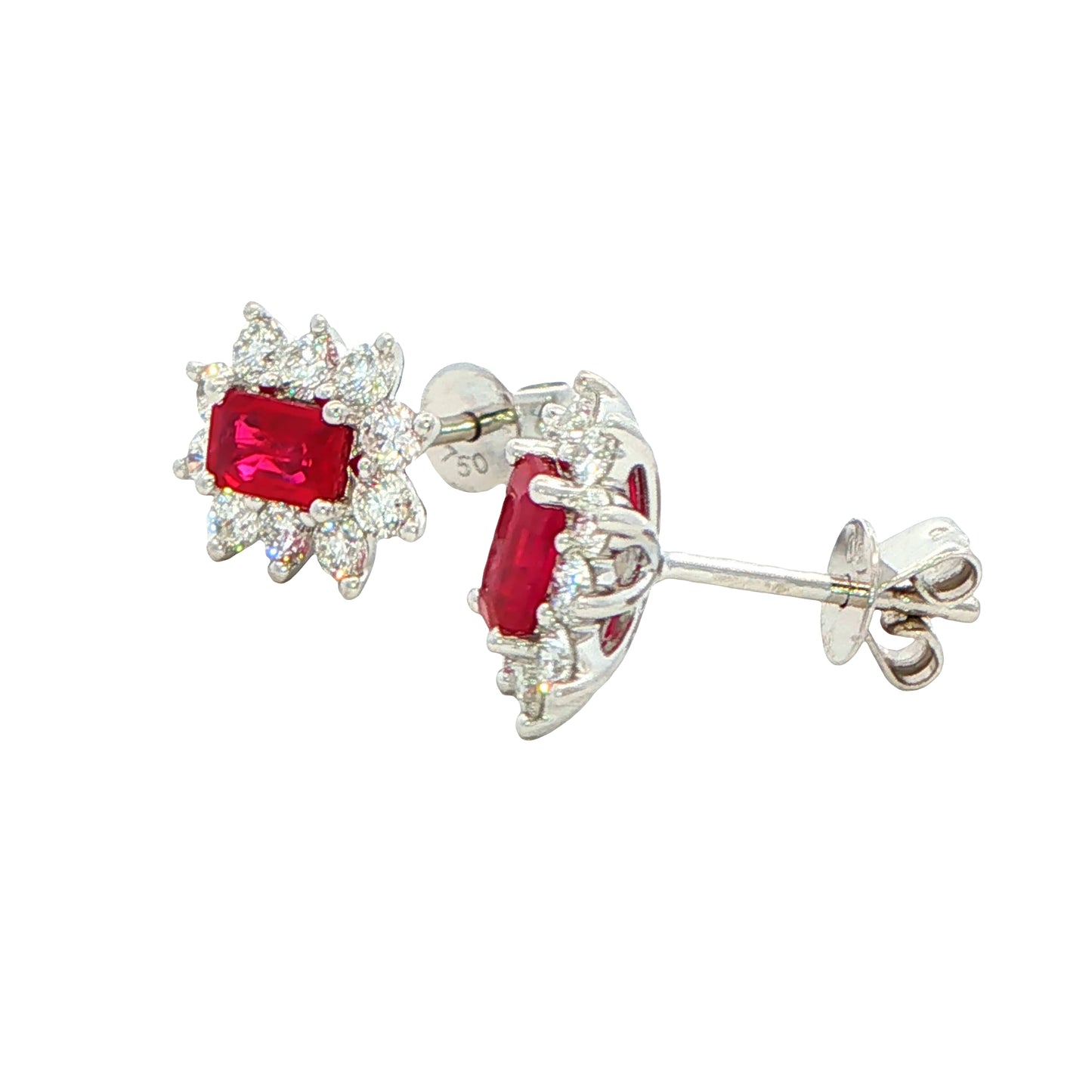 Octagonal shaped Ruby and round brilliant cut diamond cluster style earrings Gardiner Brothers