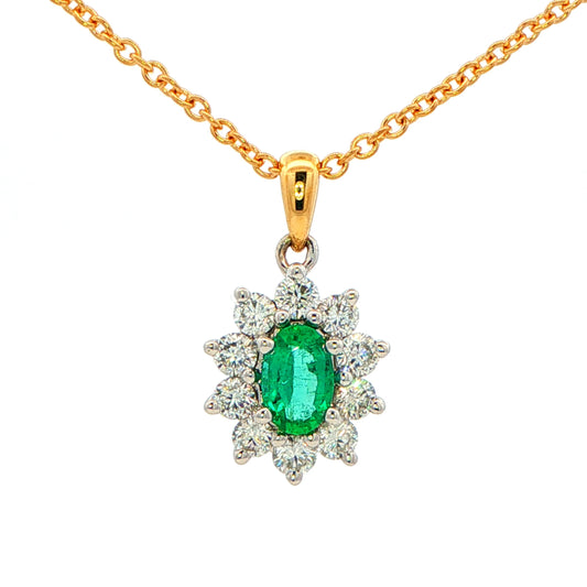 Oval shaped emerald and round brilliant cut diamond cluster style pendant Gardiner Brothers
