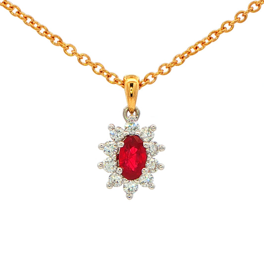 Oval shaped ruby and round brilliant cut diamond cluster style pendant Gardiner Brothers
