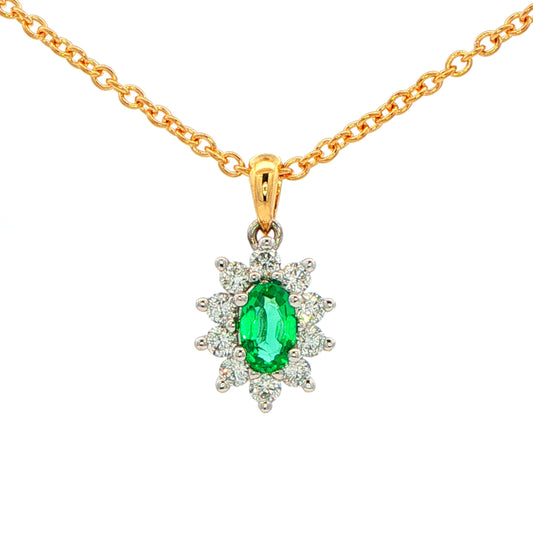 Oval shaped emerald and round brilliant cut diamond cluster style pendant Gardiner Brothers