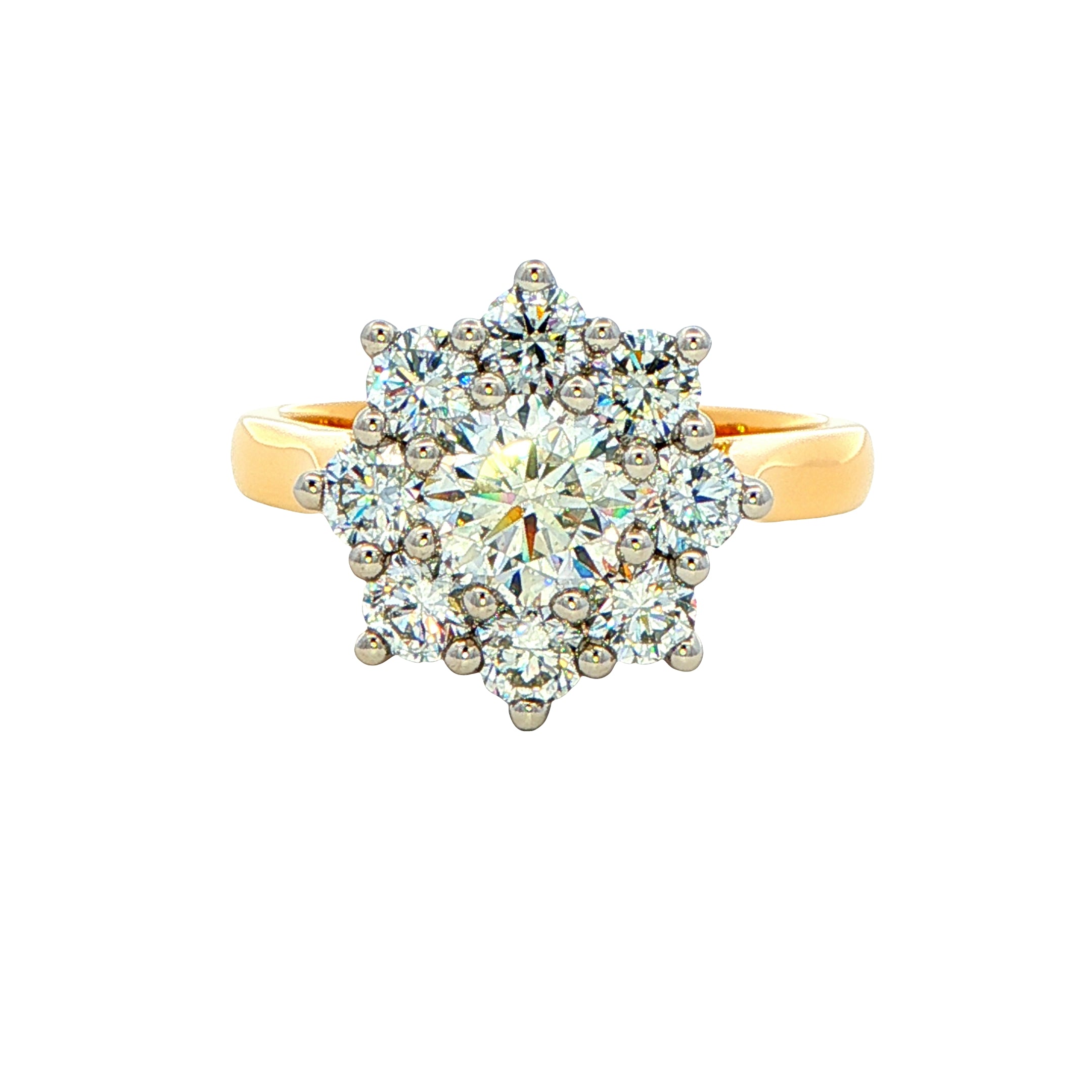 Yellow Gold Round Brilliant Cut 9 Diamond Cluster Ring - 2.04cts ...